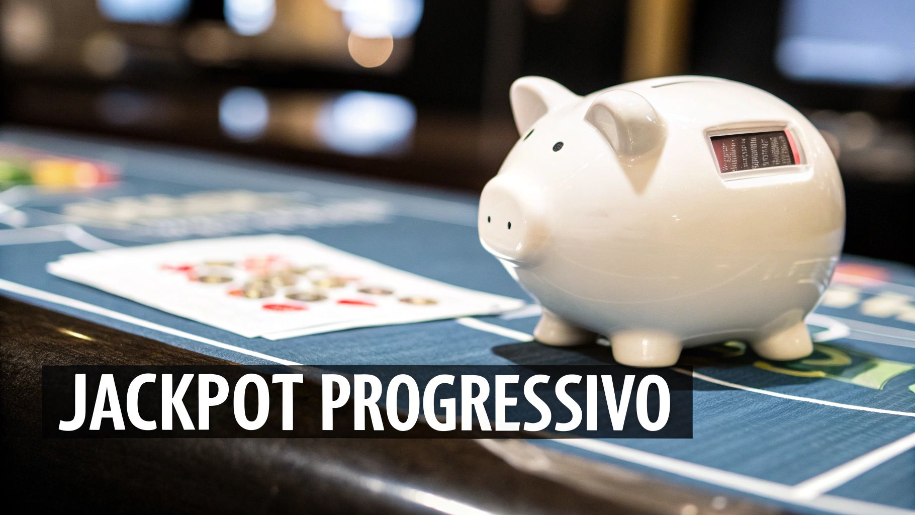 Un salvadanaio a forma di maialino bianco su un tavolo da gioco, con la scritta 'JACKPOT PROGRESSIVO'.