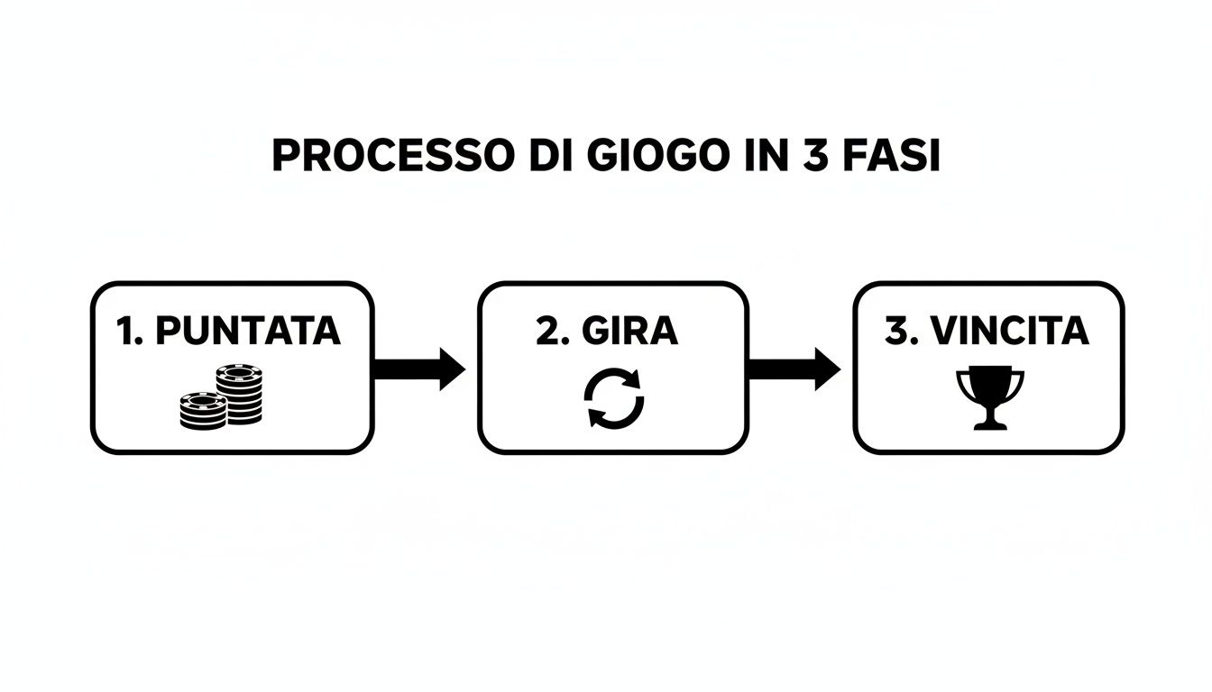 Schema che illustra il processo di gioco in 3 fasi: puntata, giro e vincita con icone.