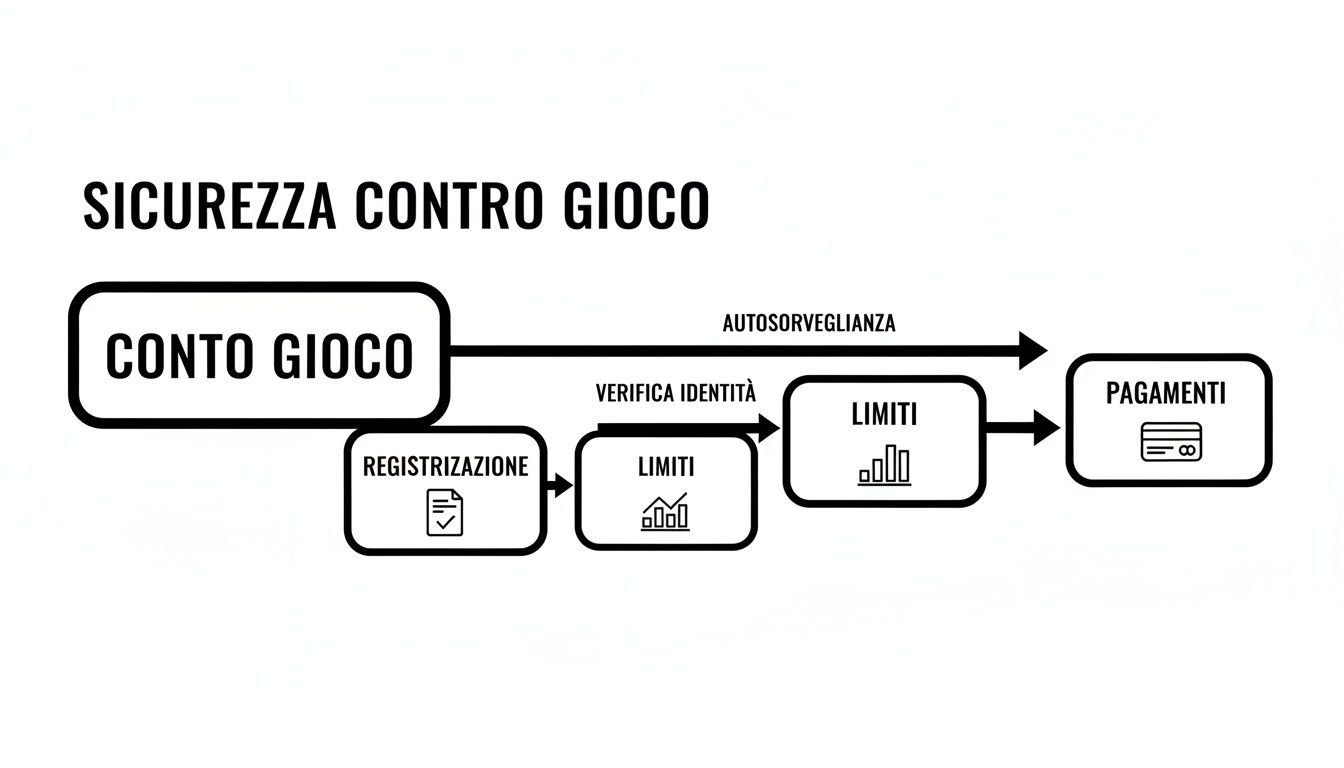 Diagramma di flusso che illustra la sicurezza nel gioco d'azzardo, includendo registrazione, verifica identità, limiti e pagamenti.