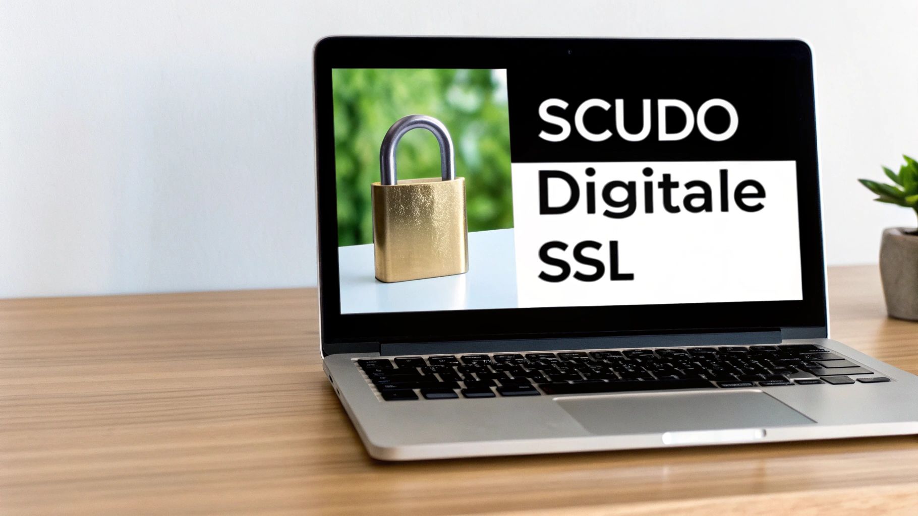 Un laptop su una scrivania mostra uno schermo con un lucchetto dorato e le parole "SCUDO Digitale SSL", simboleggiando la sicurezza informatica e la crittografia.