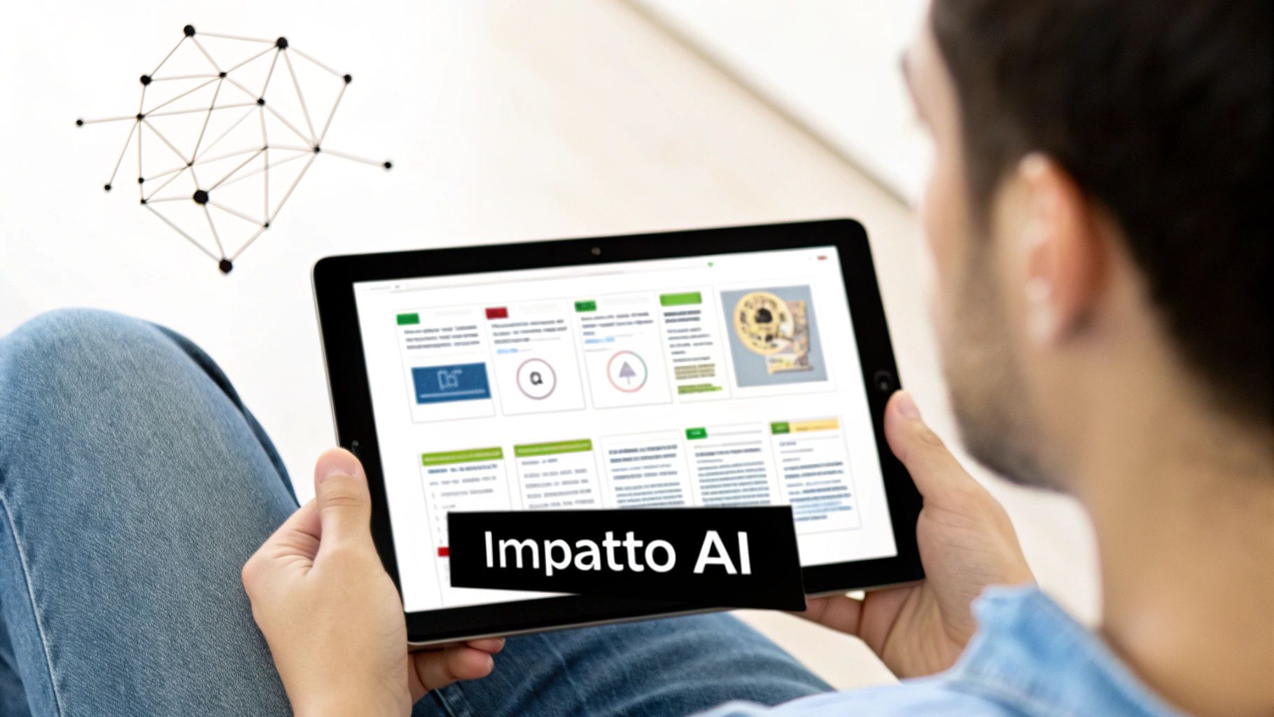 Persona che tiene un tablet con la scritta 'Impatto AI' su una pagina web, con una rete neurale in background.