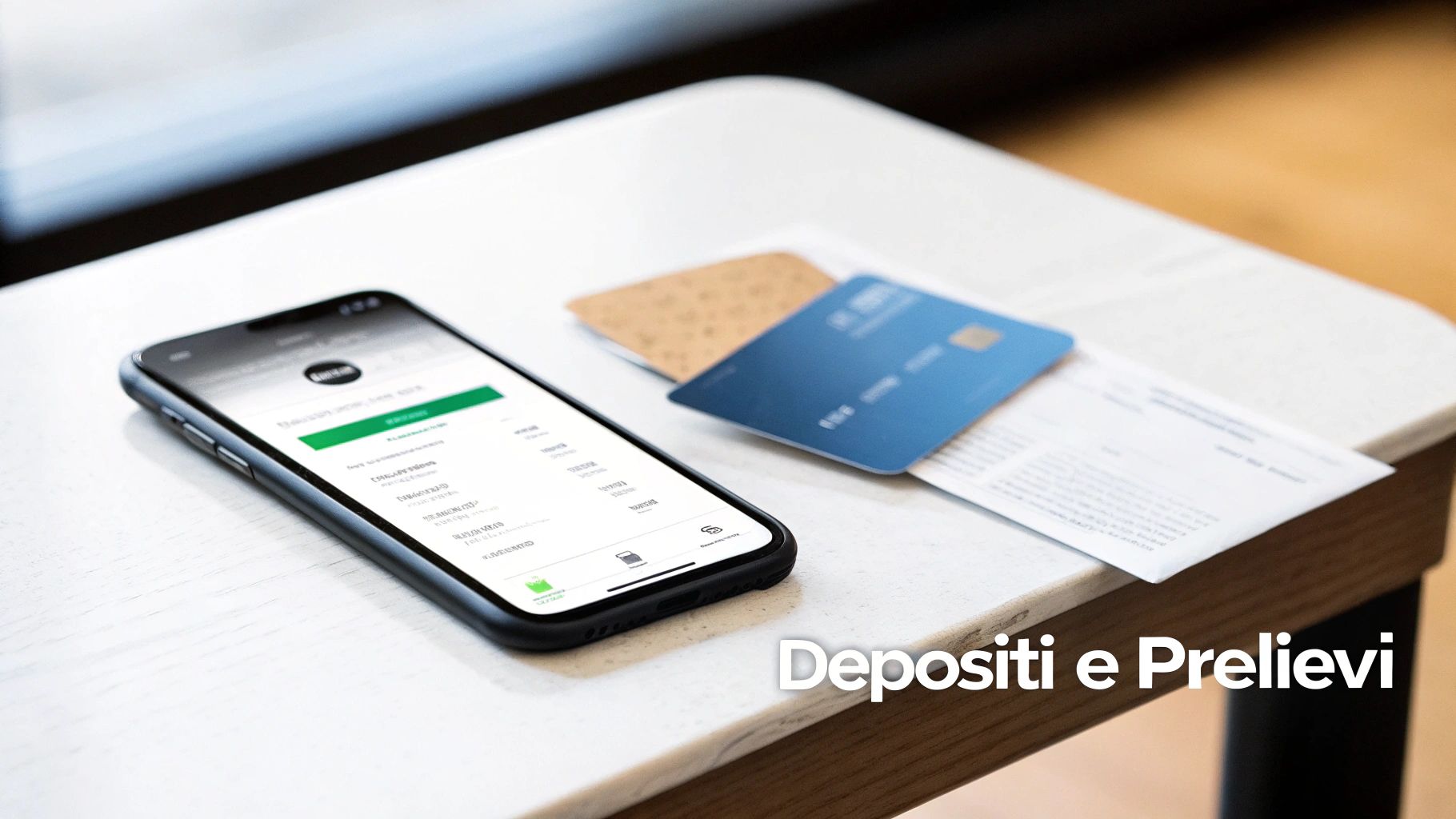 Smartphone con app bancaria aperta, carte di credito e documenti su un tavolo bianco, con testo: Depositi e Prelievi.