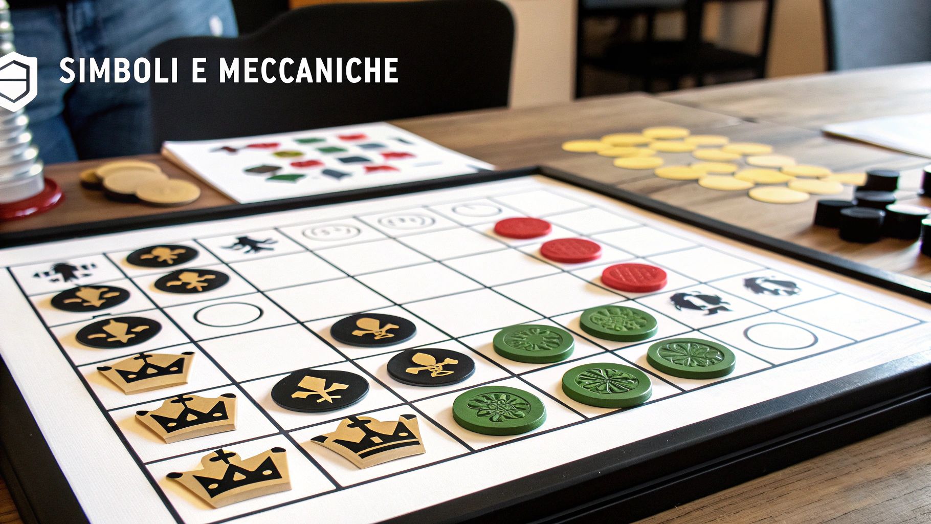 Un tavolo con un gioco da tavolo raffigurante pedine colorate con simboli, e un foglio con schemi, con la scritta "SIMBOLI E MECCANICHE".