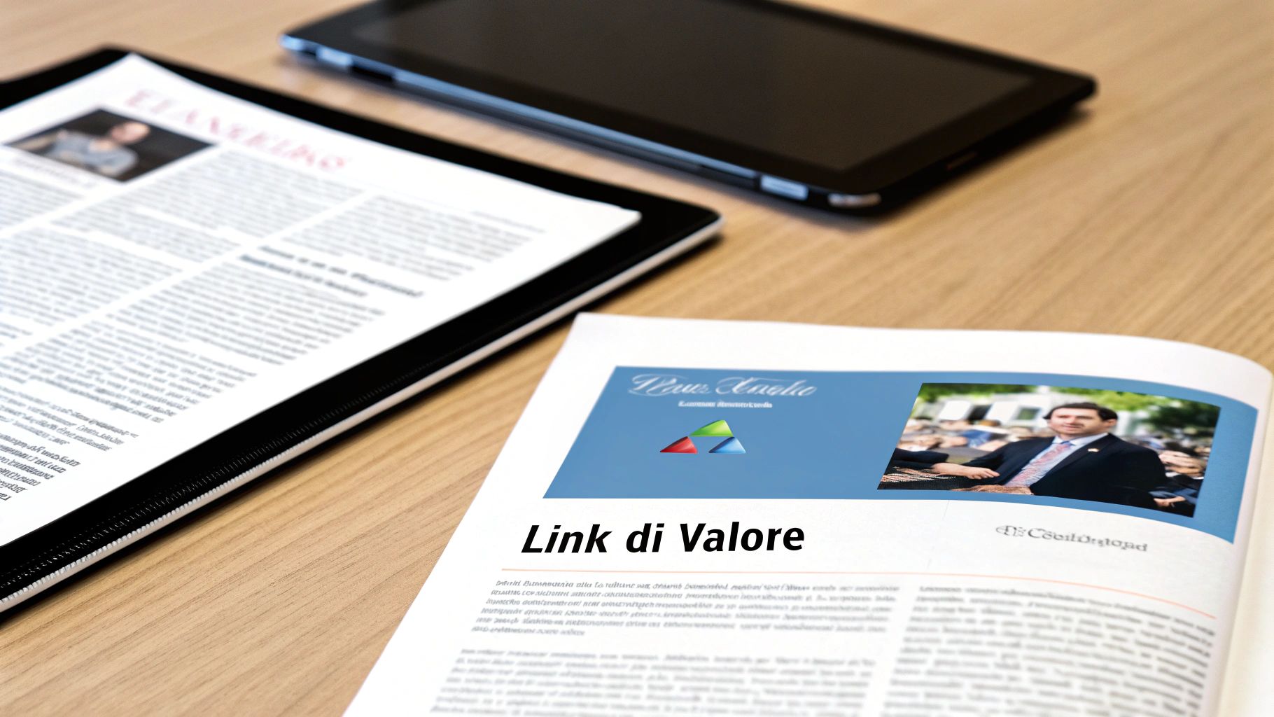 Due documenti stampati e un tablet su una scrivania in legno, con il titolo "Link di Valore" su uno dei fogli.