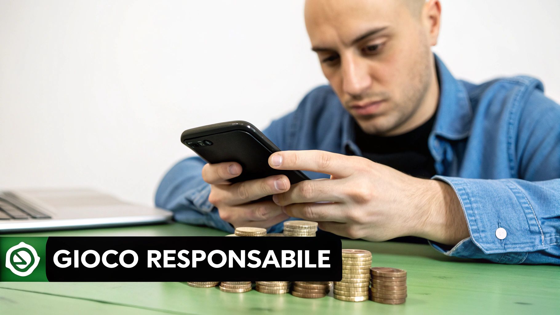 Un uomo calvo fissa lo smartphone con monete in euro sul tavolo verde, con uno striscione "GIOCO RESPONSABILE".