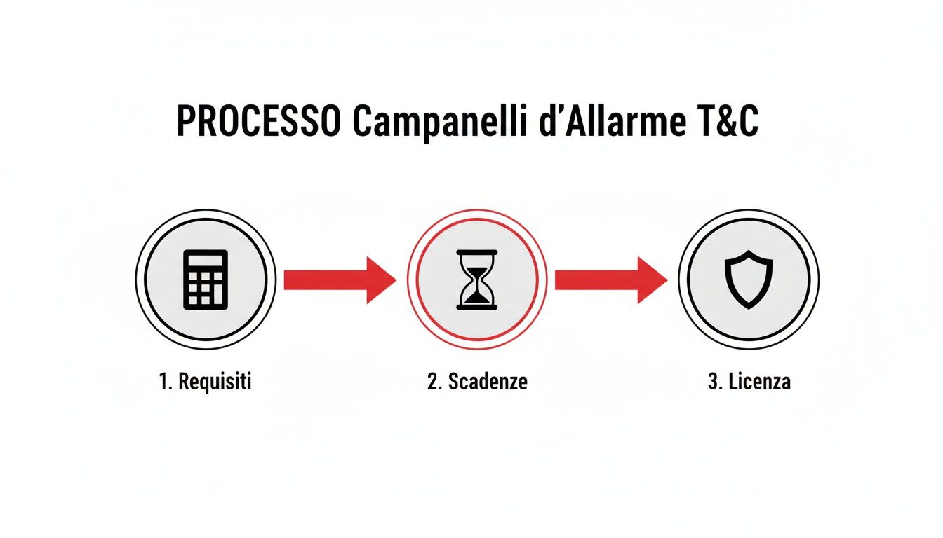 Infografica che illustra i tre passaggi chiave del processo T&C: Requisiti, Scadenze e Licenza.