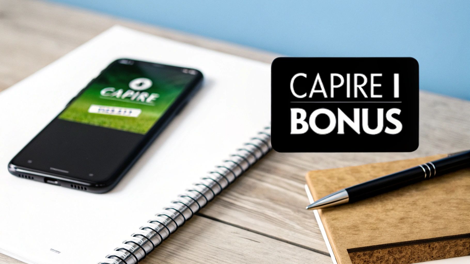 Scrivania con smartphone che mostra l'app Capire, quaderno e penna. Grafica 'CAPIRE I BONUS' in primo piano.