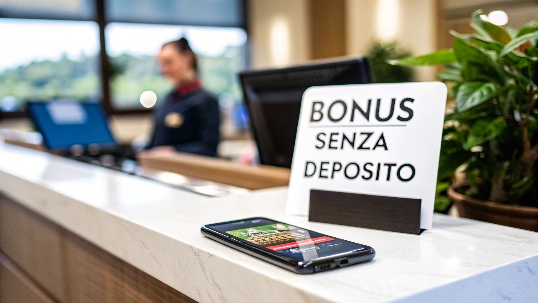 Un cellulare e un cartello con la scritta 'BONUS SENZA DEPOSITO' su un bancone, con una persona sfocata sullo sfondo.