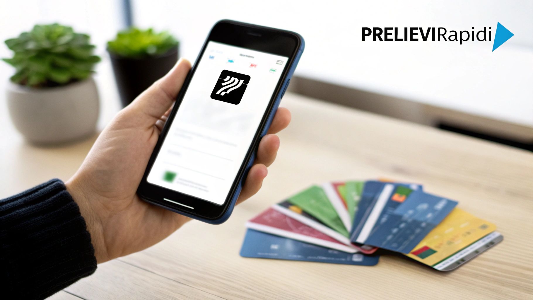 Una mano tiene uno smartphone con un'app, mentre carte di credito sono sparse su un tavolo di legno, con il logo PrelieviRapidi.