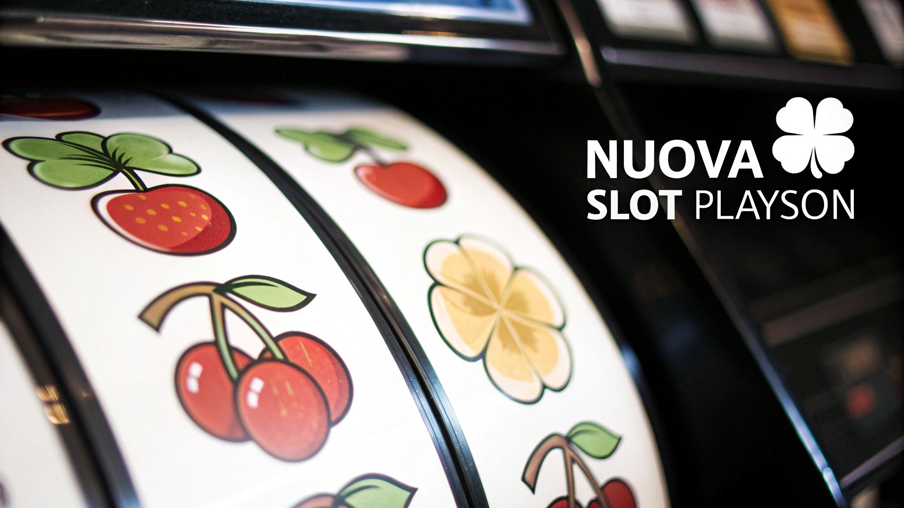 Primo piano delle bobine di una slot machine con simboli di frutta, trifoglio e testo 'NUOVA SLOT PLAYSON'.