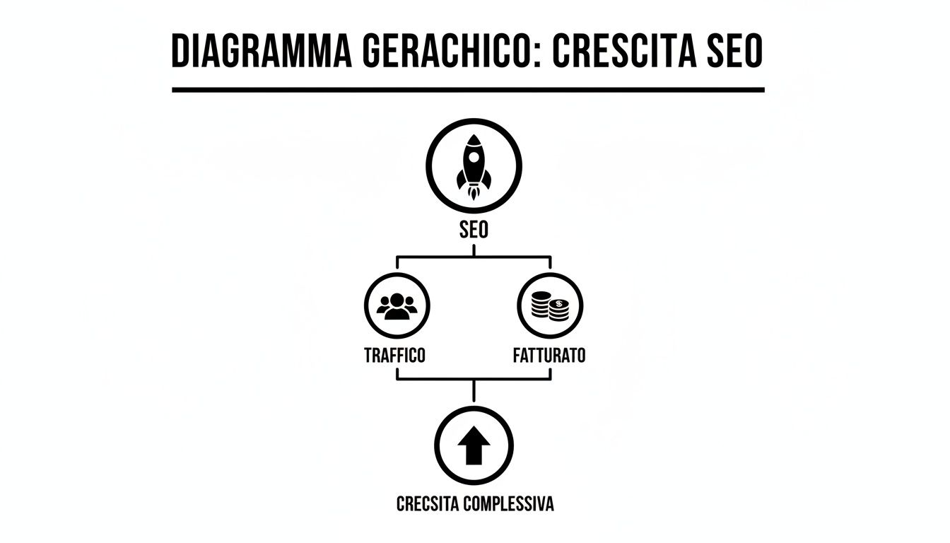 Diagramma gerarchico che illustra la crescita SEO attraverso l'aumento del traffico e del fatturato complessivo.