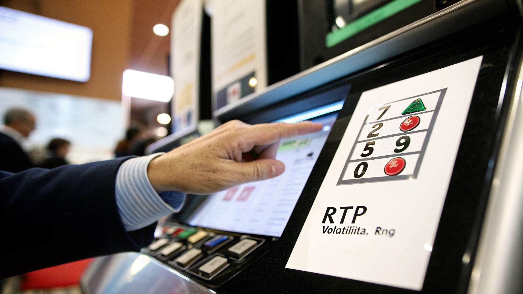 Mano di una persona che tocca uno schermo interattivo su una macchina da gioco, con dettagli su RTP.