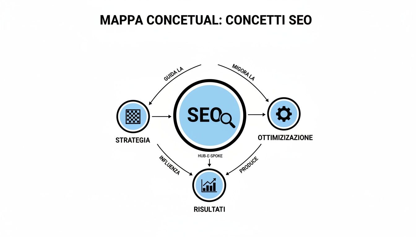 Mappa concettuale dei concetti SEO, mostrando il ciclo tra strategia, SEO, ottimizzazione e risultati.