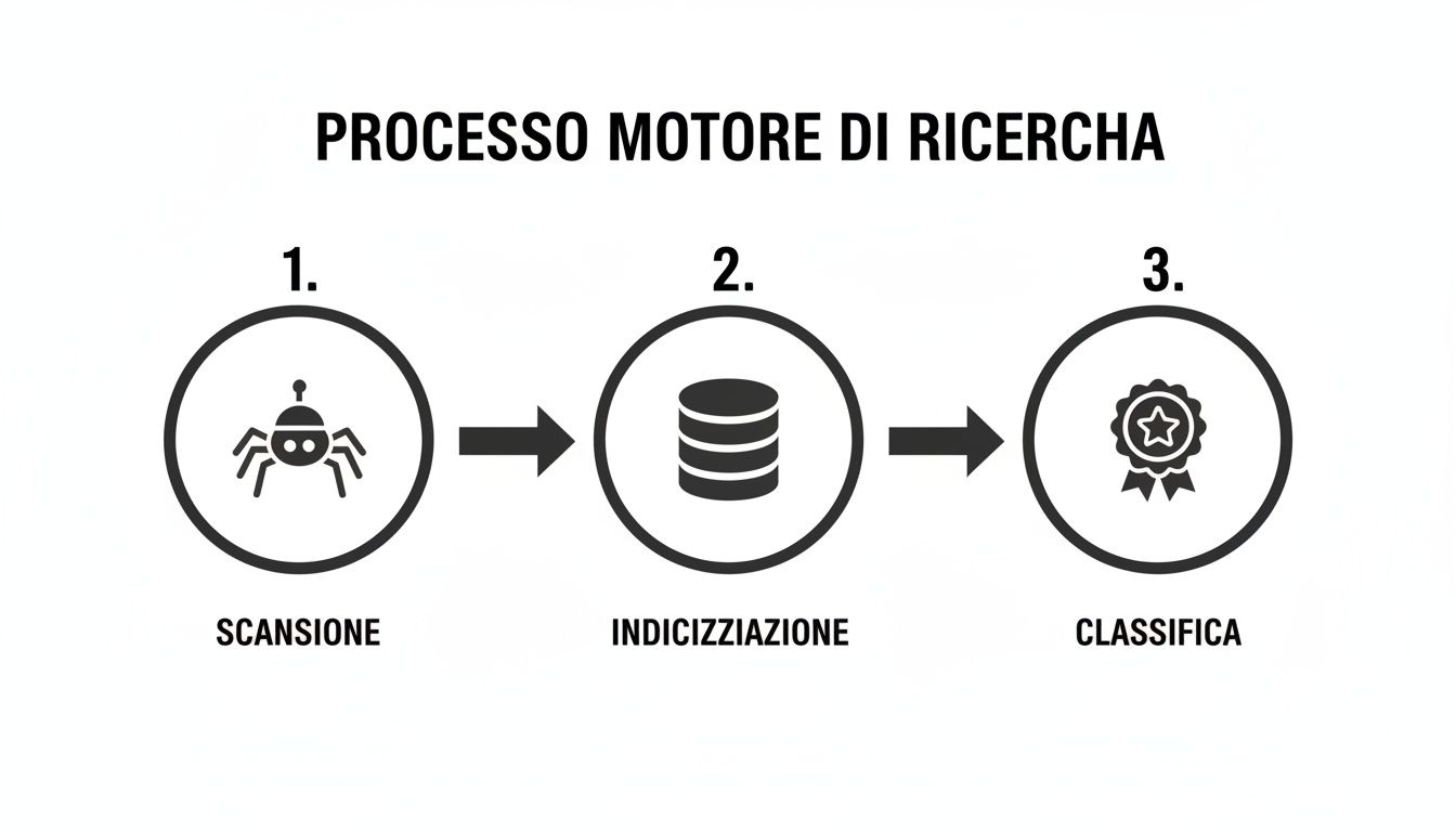Diagramma del processo di un motore di ricerca che mostra scansione, indicizzazione e classifica dei siti web.