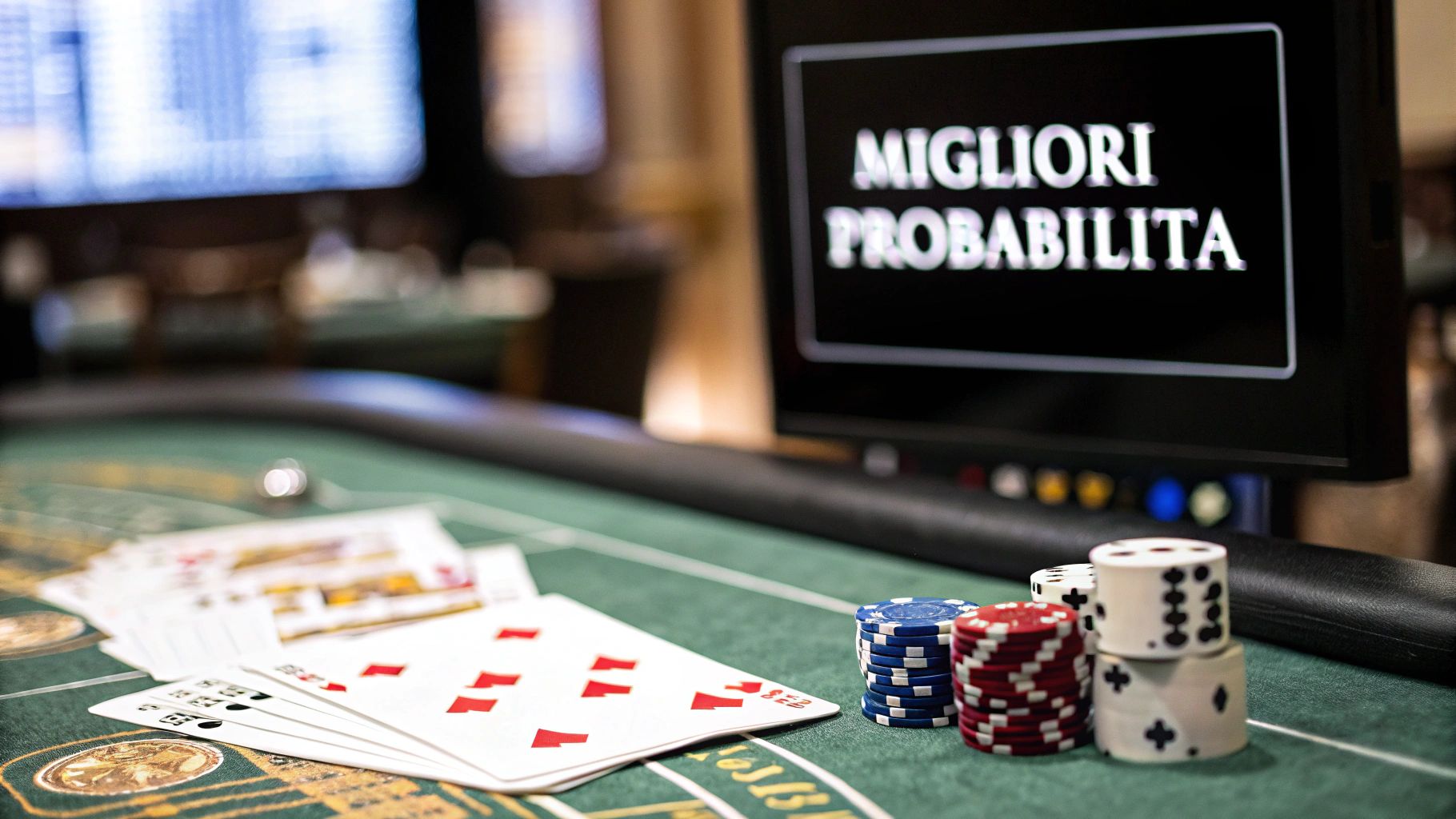 Dettaglio di un tavolo da casinò con fiches, carte e uno schermo che indica le migliori probabilità.