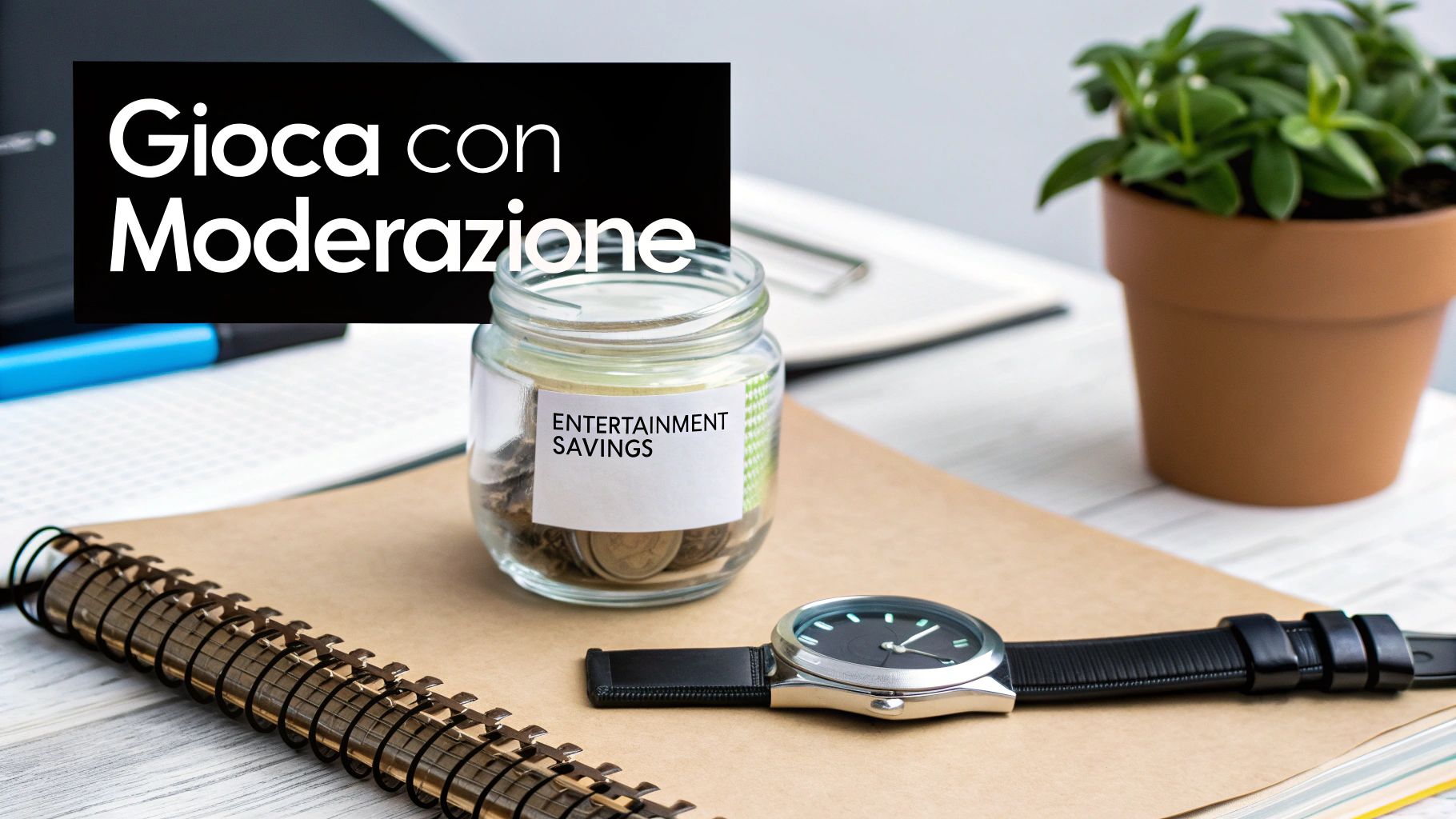 Vaso di vetro con monete, etichettato 'ENTERTAINMENT SAVINGS', un orologio e il messaggio 'Gioca con Moderazione', per la gestione responsabile.