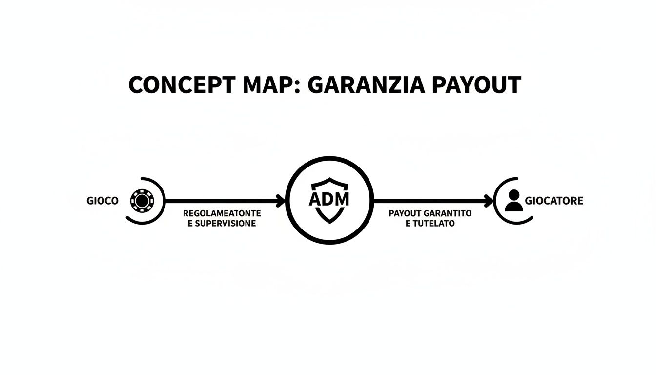 Mappa concettuale che illustra la garanzia del payout nel gioco, regolamentato e supervisionato dall'ADM a tutela del giocatore.