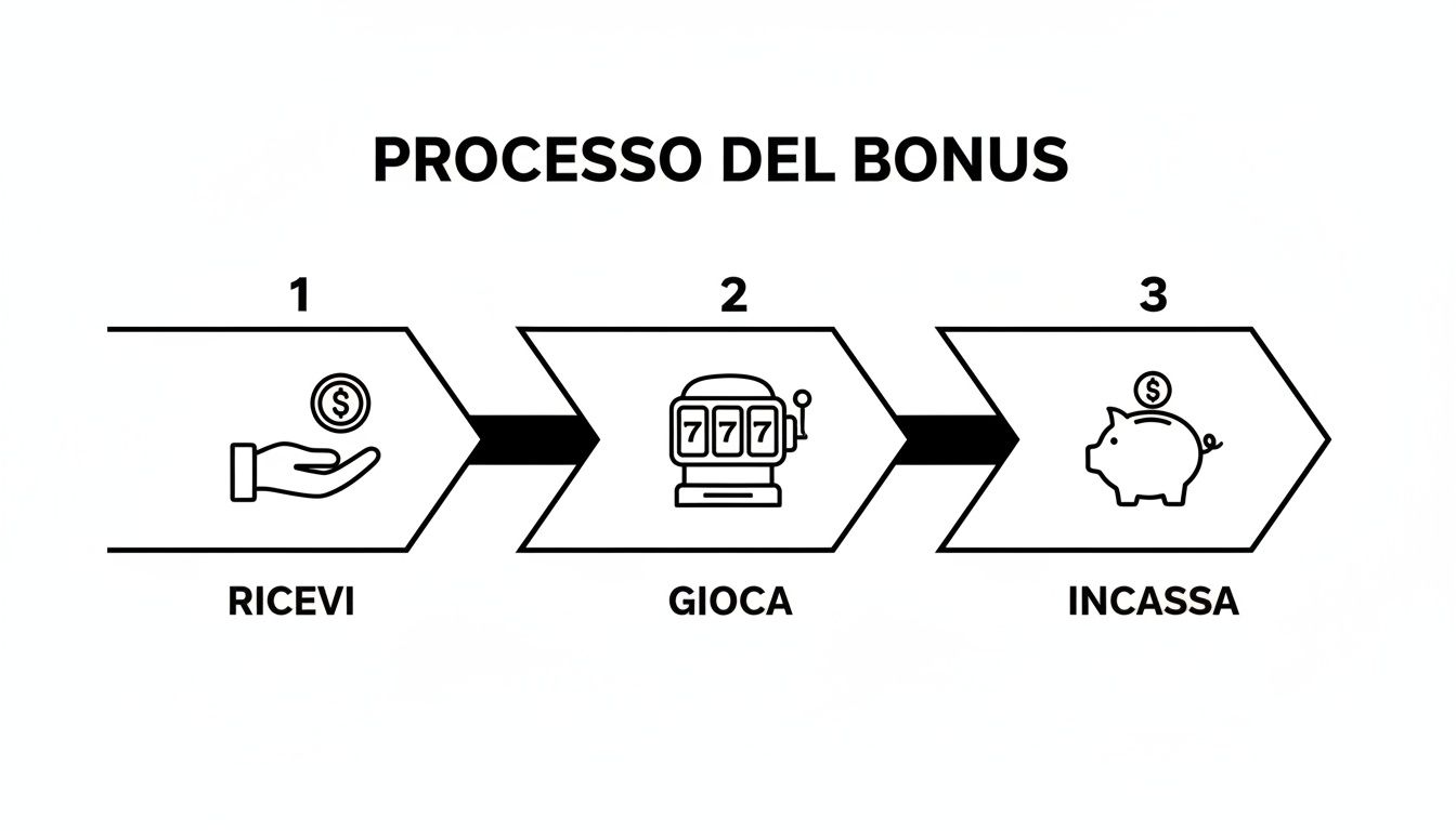Schema del processo bonus: ricevi il bonus, gioca alla slot machine e incassa le vincite.