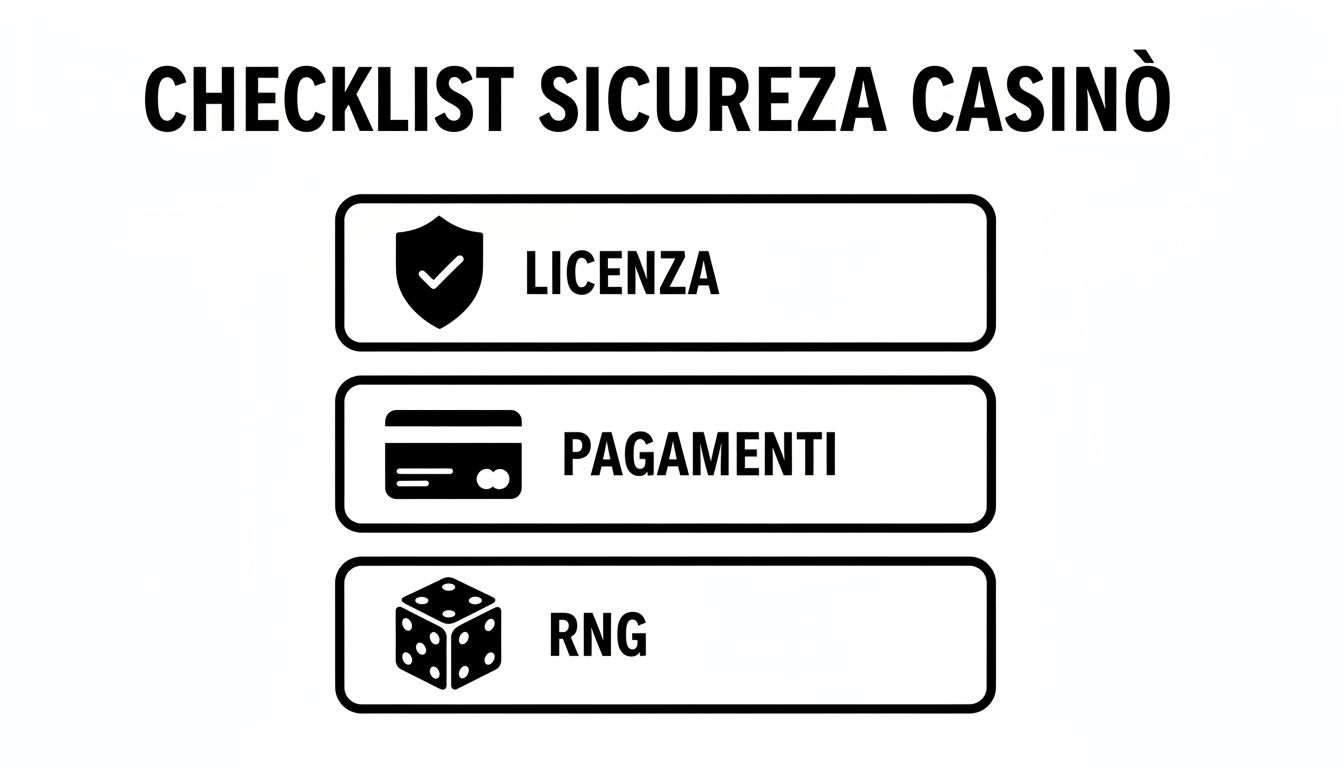 Checklist di sicurezza per casinò online, con icone per licenza, pagamenti e RNG.