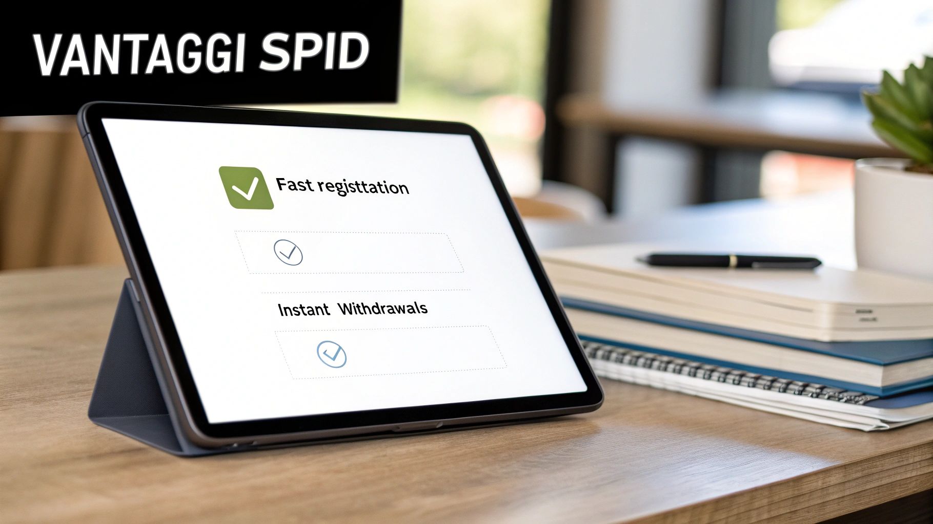 Un tablet mostra i vantaggi SPID: registrazione veloce e prelievi istantanei, con un segno di spunta verde.
