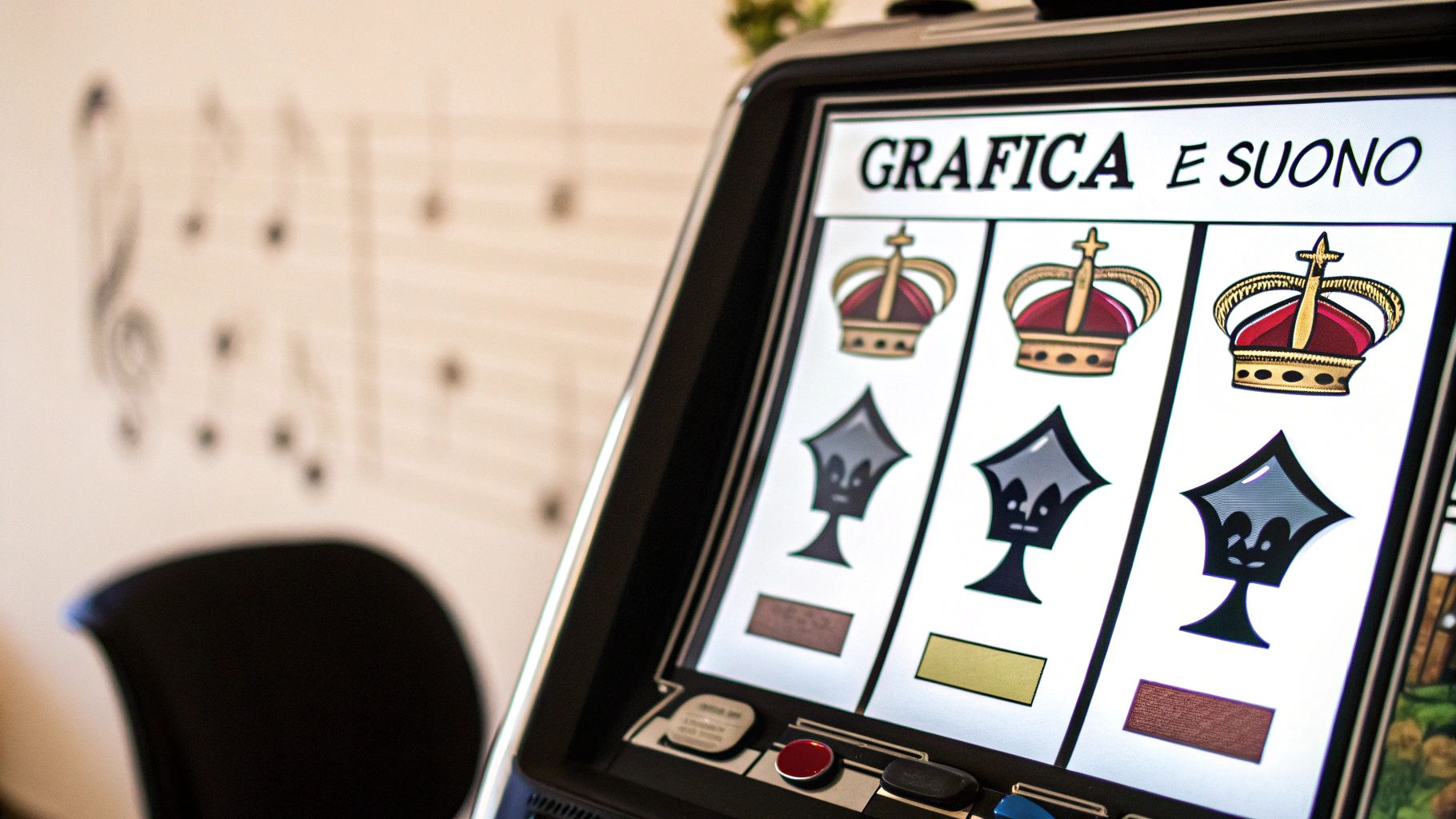 Dettaglio dello schermo di una slot machine con simboli corona e picche, e la scritta 'Grafica e Suono'.