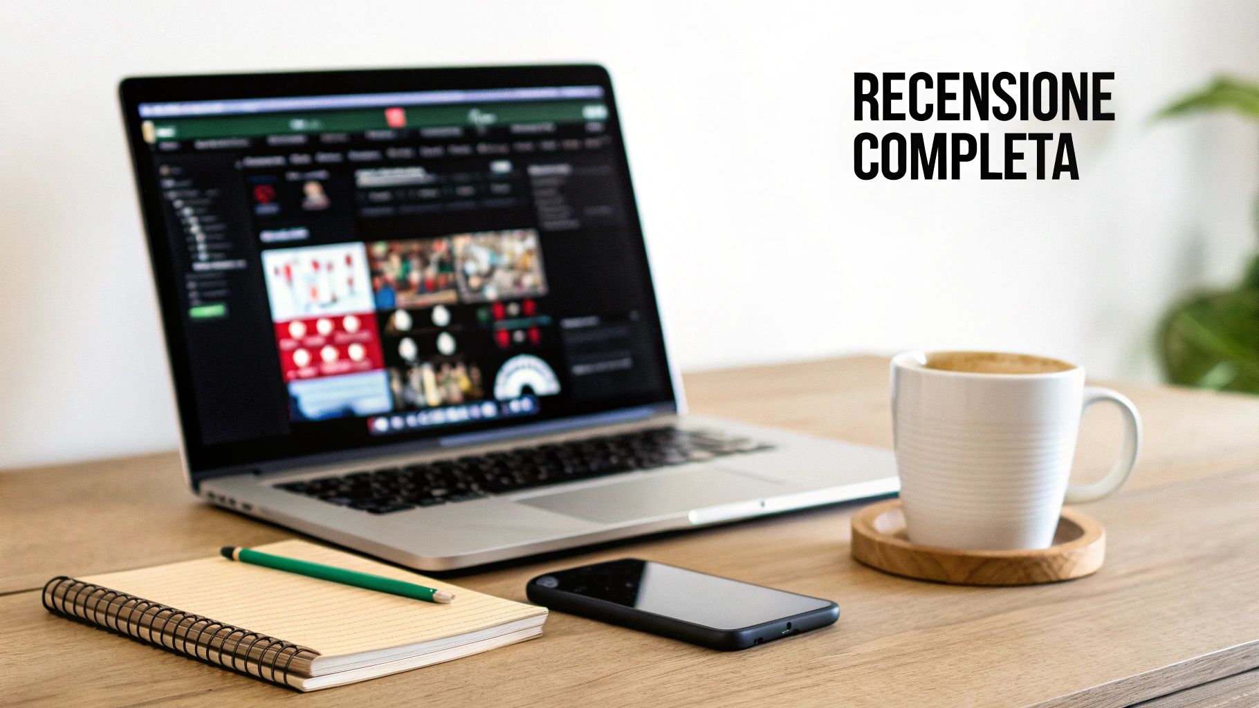 Scrivania in legno con laptop aperto, taccuino, telefono e tazza di caffè, con testo 'RECENSIONE COMPLETA'.