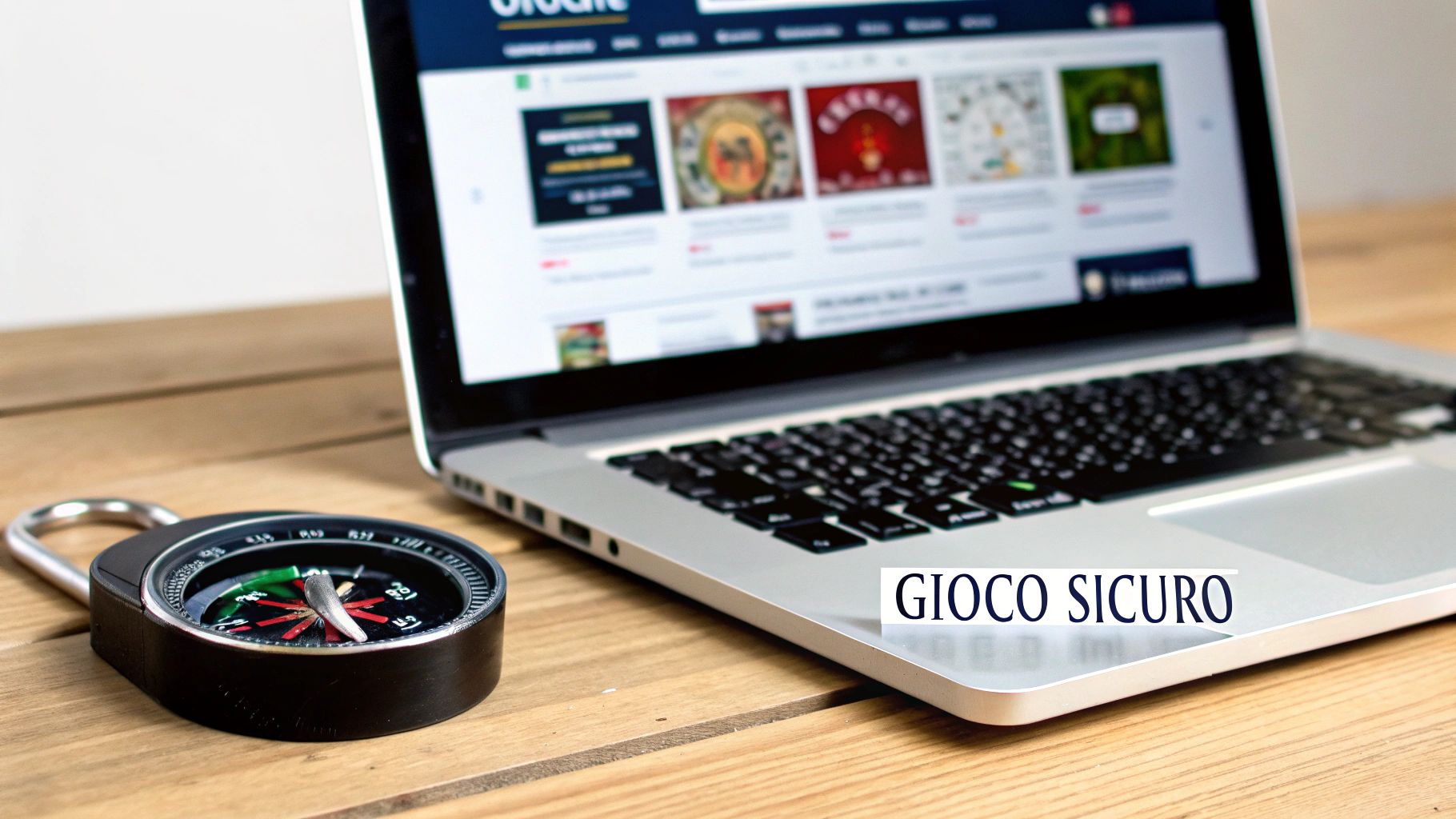 Un laptop mostra un sito di giochi d'azzardo con la scritta 'Gioco Sicuro', affiancato da un lucchetto-bussola su un tavolo di legno.