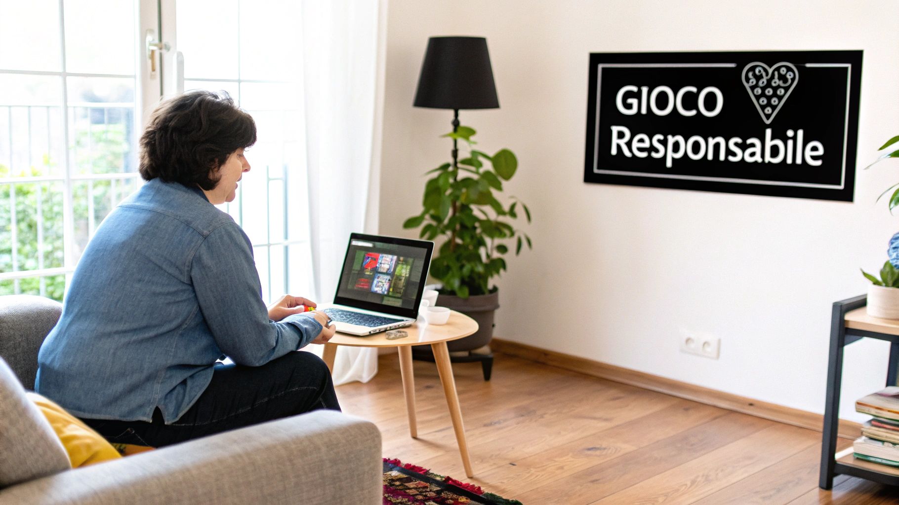 Una donna gioca con un laptop in un salotto, con un cartello "GIOCO Responsabile" sul muro.