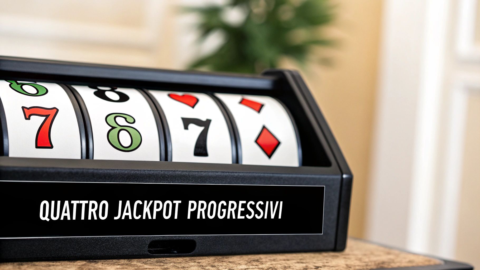 Primo piano di una slot machine con rulli che mostrano numeri e semi, e il testo 'QUATTRO JACKPOT PROGRESSIVI'.