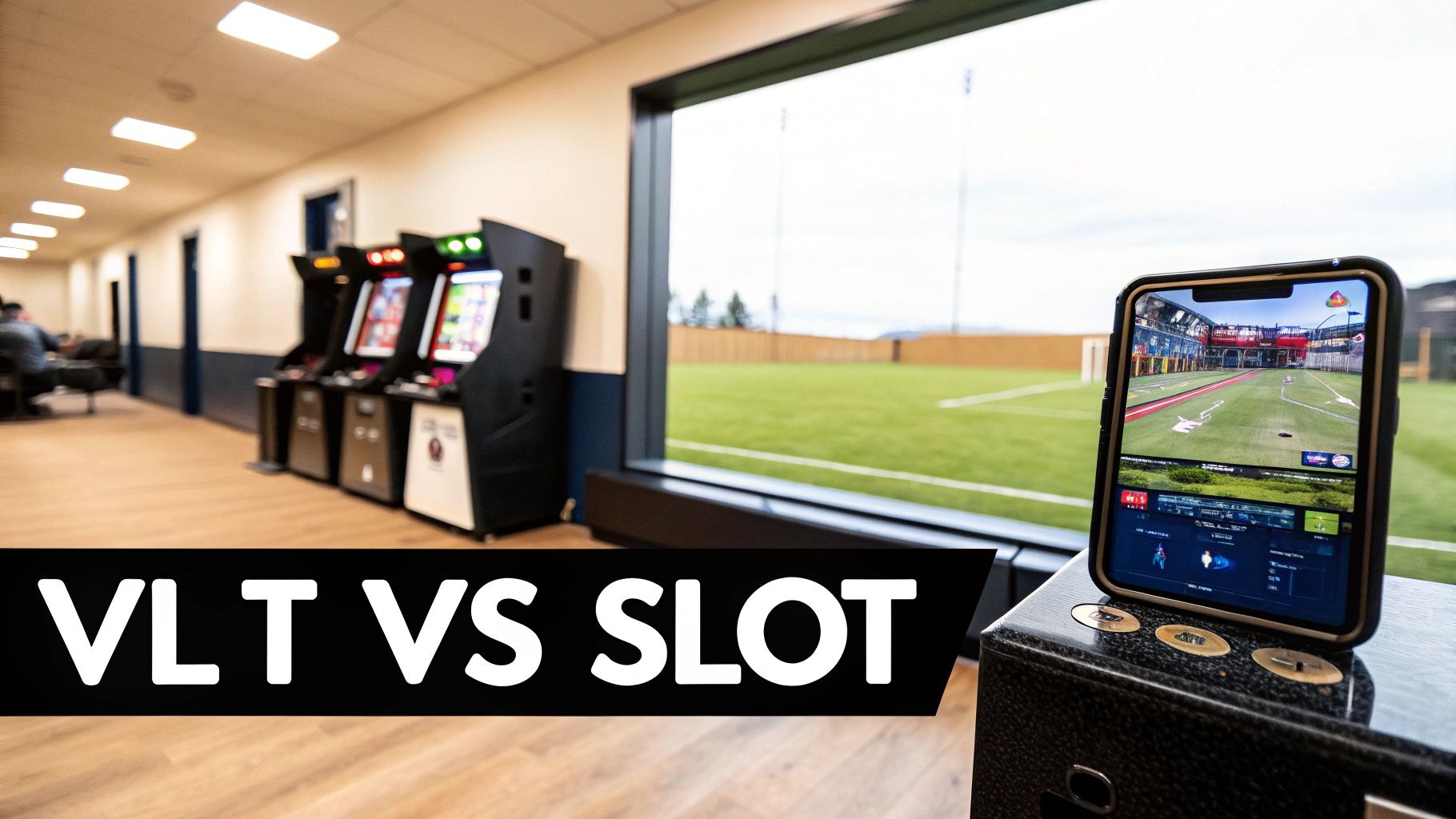 Interno di una sala giochi con VLT, campo sportivo esterno visibile da una finestra e smartphone con gioco.
