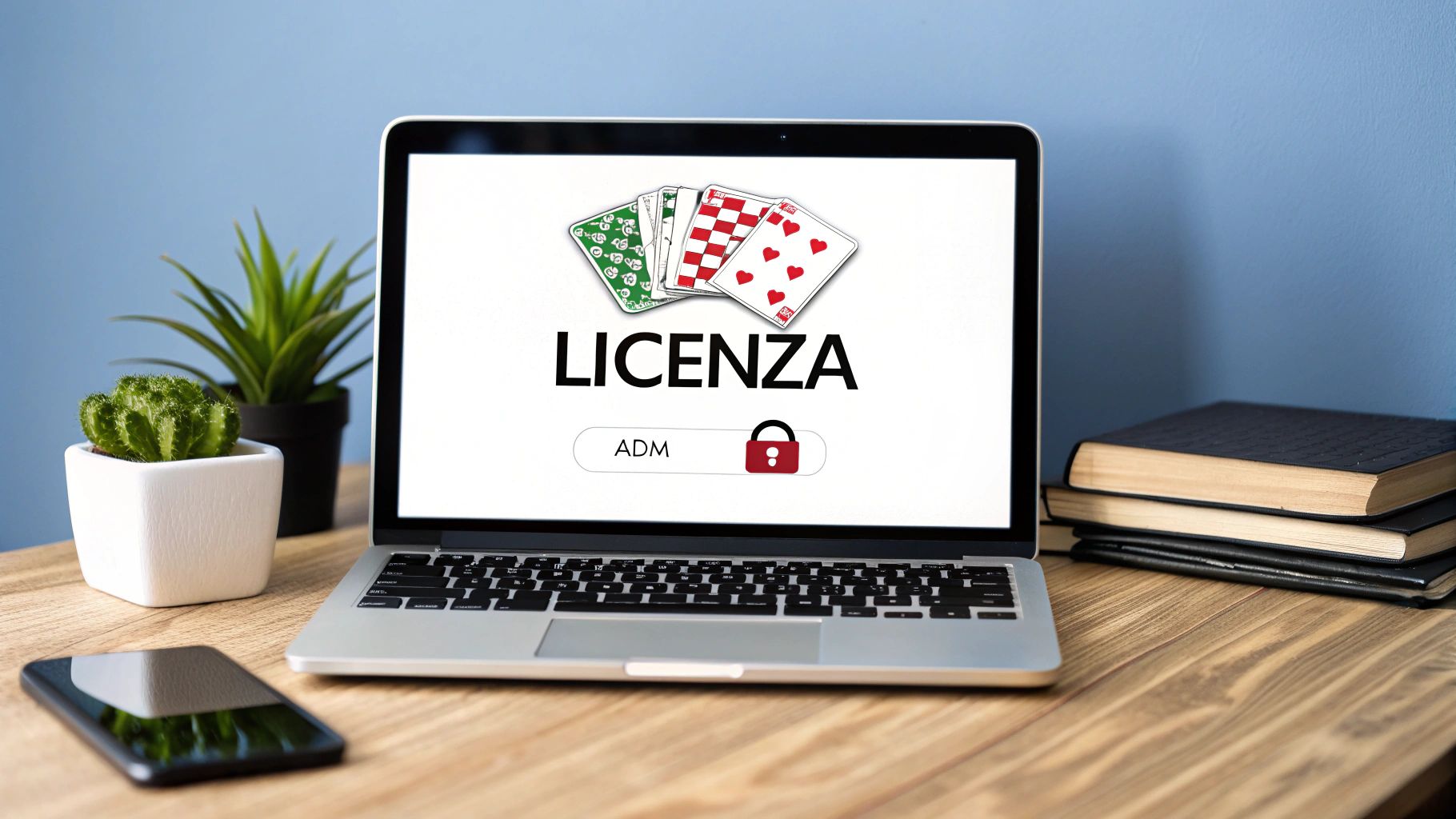 Laptop con schermo che mostra la scritta 'LICENZA ADM' e carte da gioco, suggerendo gioco d'azzardo legale online.