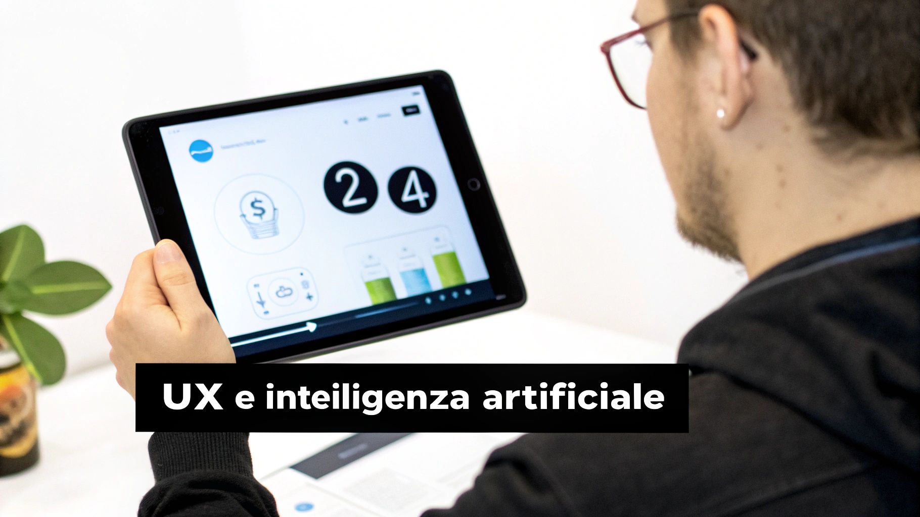 Una persona tiene un tablet che mostra un'interfaccia utente con numeri e grafici, con il testo 'UX e intelligenza artificiale'.