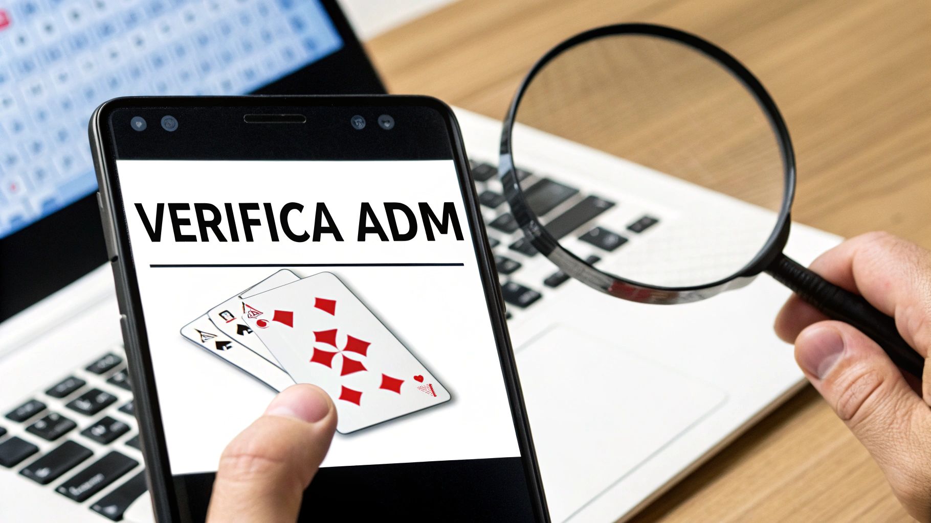 Smartphone con 'VERIFICA ADM' e carte da gioco, accanto a una lente d'ingrandimento su tastiera di laptop, simboleggiando il gioco legale.