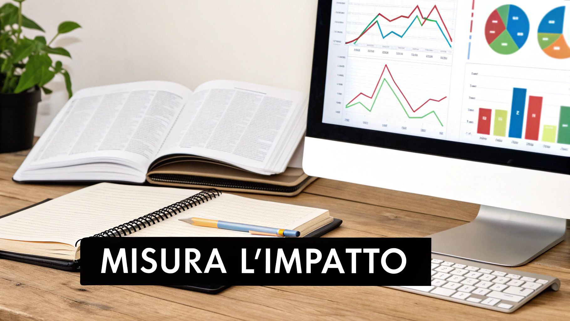 Scrivania con computer che mostra analisi dati, libro aperto e quaderno, con il testo 'MISURA L'IMPATTO'.