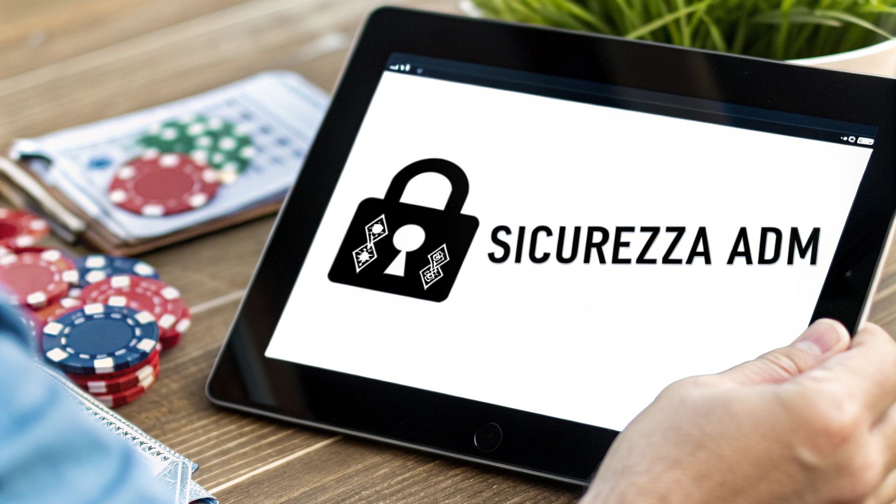 Tablet che mostra un'icona di lucchetto con simboli di carte e la scritta "SICUREZZA ADM", circondato da fiches da casinò.