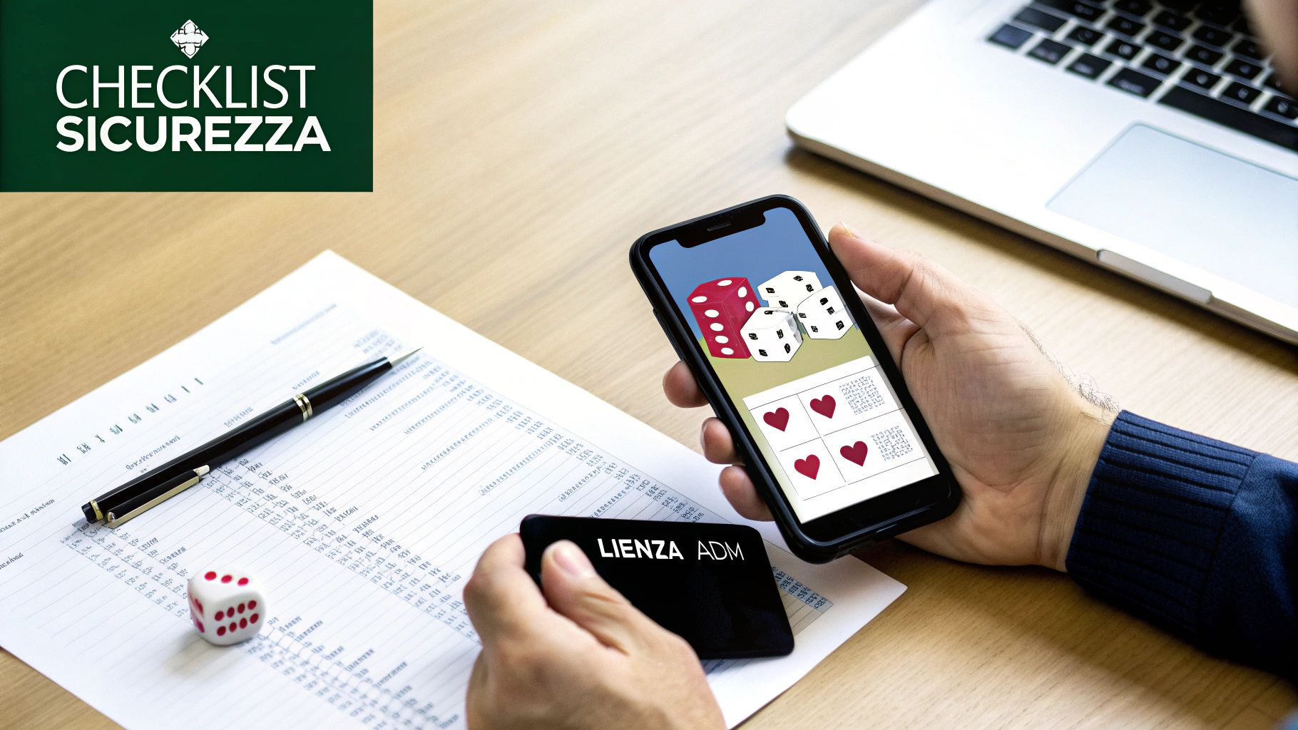 Mani con smartphone per gioco d'azzardo online e licenza ADM, su scrivania con documenti, dadi e una checklist sicurezza.