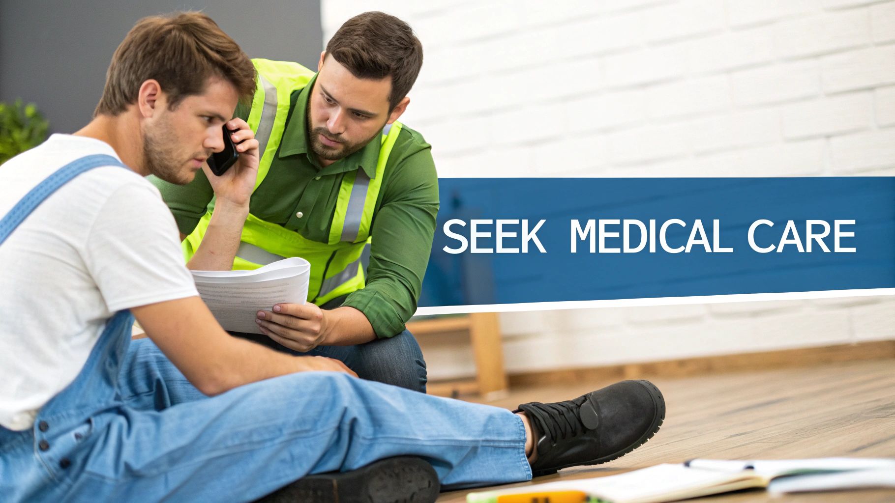 Two men at a worksite. One man, possibly injured, sits on the floor talking on the phone, while a colleague assists, emphasizing 'SEEK MEDICAL CARE'.