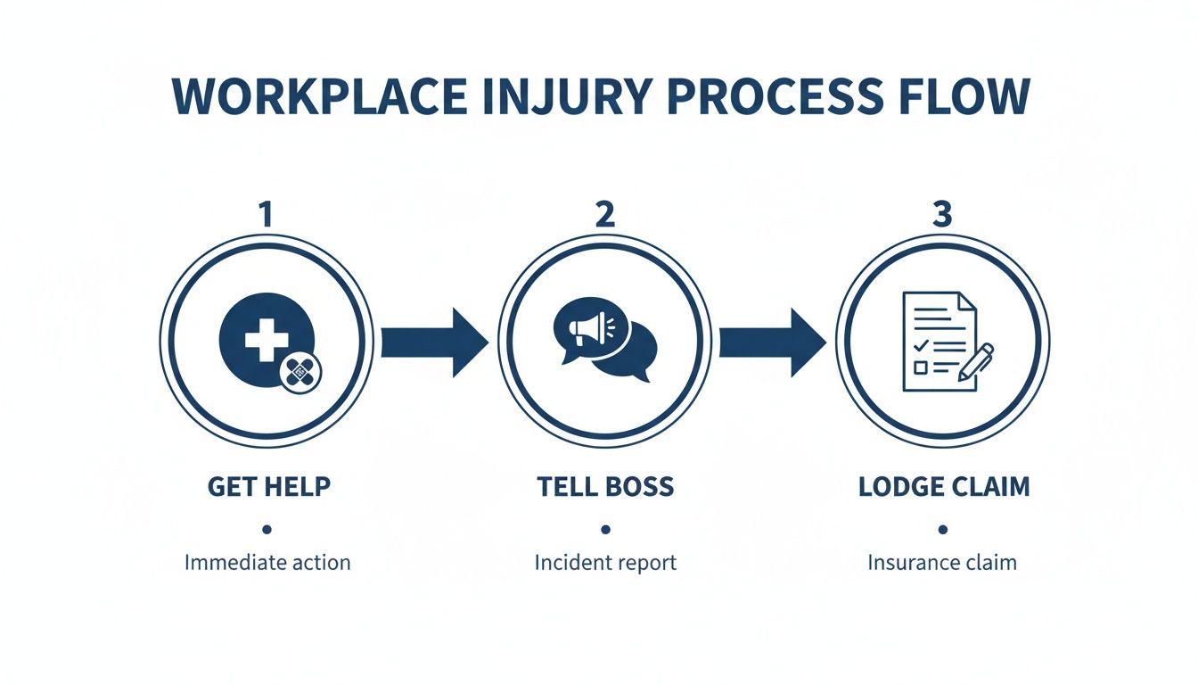 Workplace injury process flow diagram showing steps to get help, tell boss, and lodge claim.