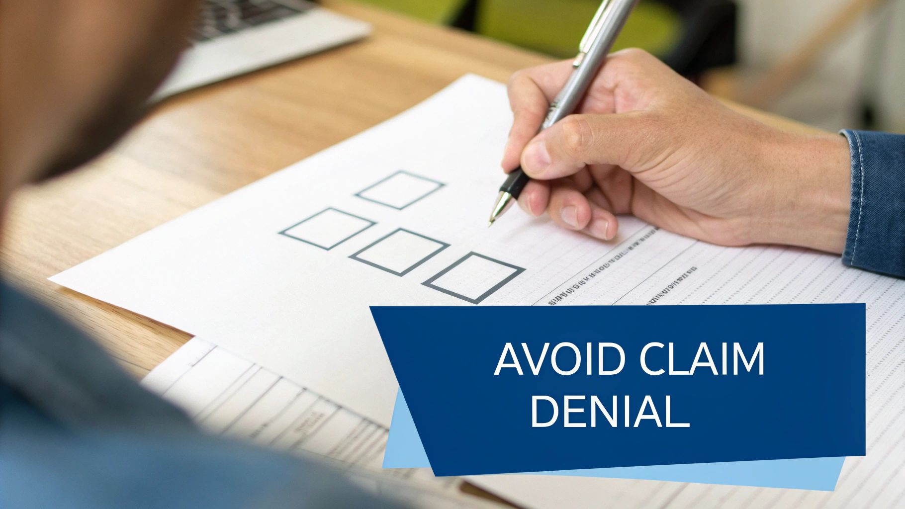 A person's hand holding a pen, filling out a document with checkboxes, featuring text "AVOID CLAIM DENIAL".