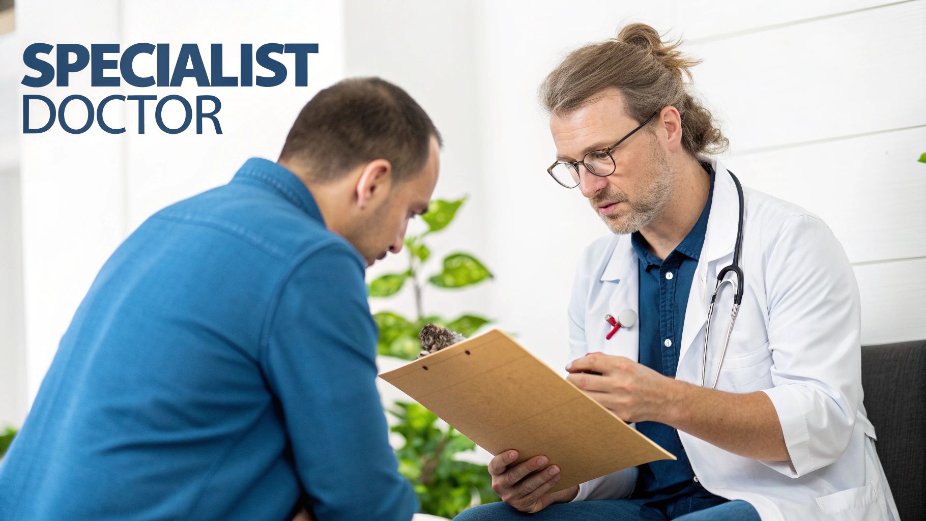 A male specialist doctor in a white coat consults with a male patient, holding a clipboard.