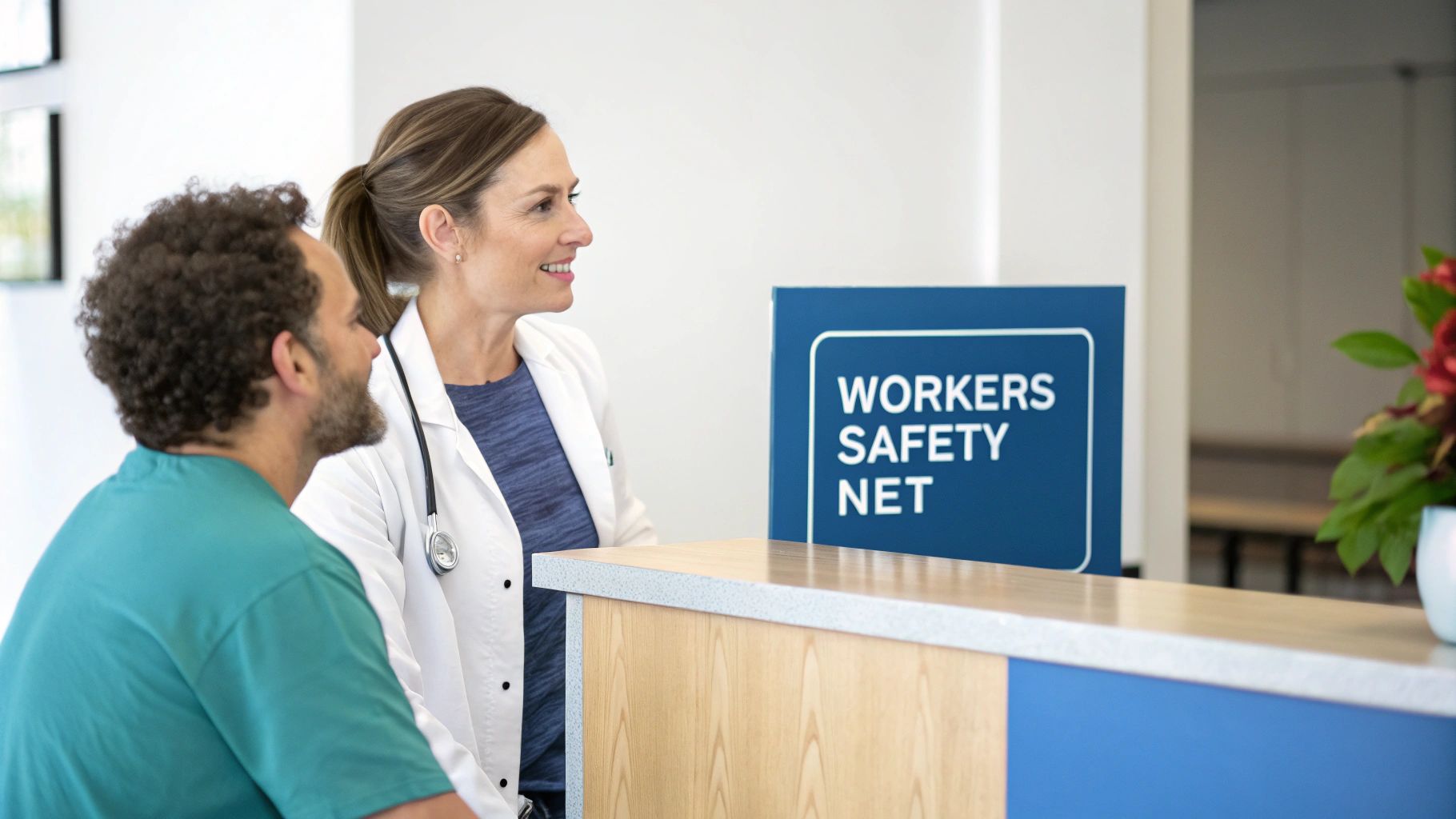 A smiling doctor speaks with a patient or colleague next to a 'Workers Safety Net' sign.
