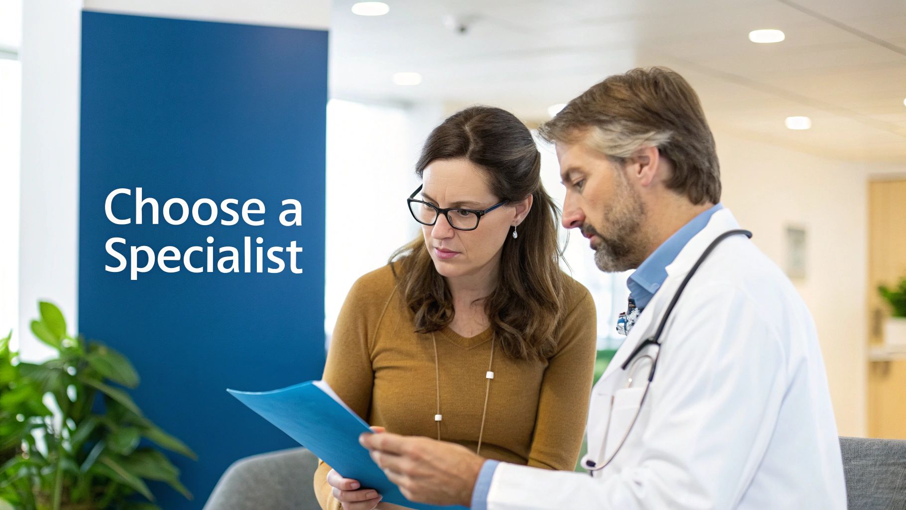 A doctor and a female patient consult, looking at documents, with 'Choose a Specialist' text in the background.