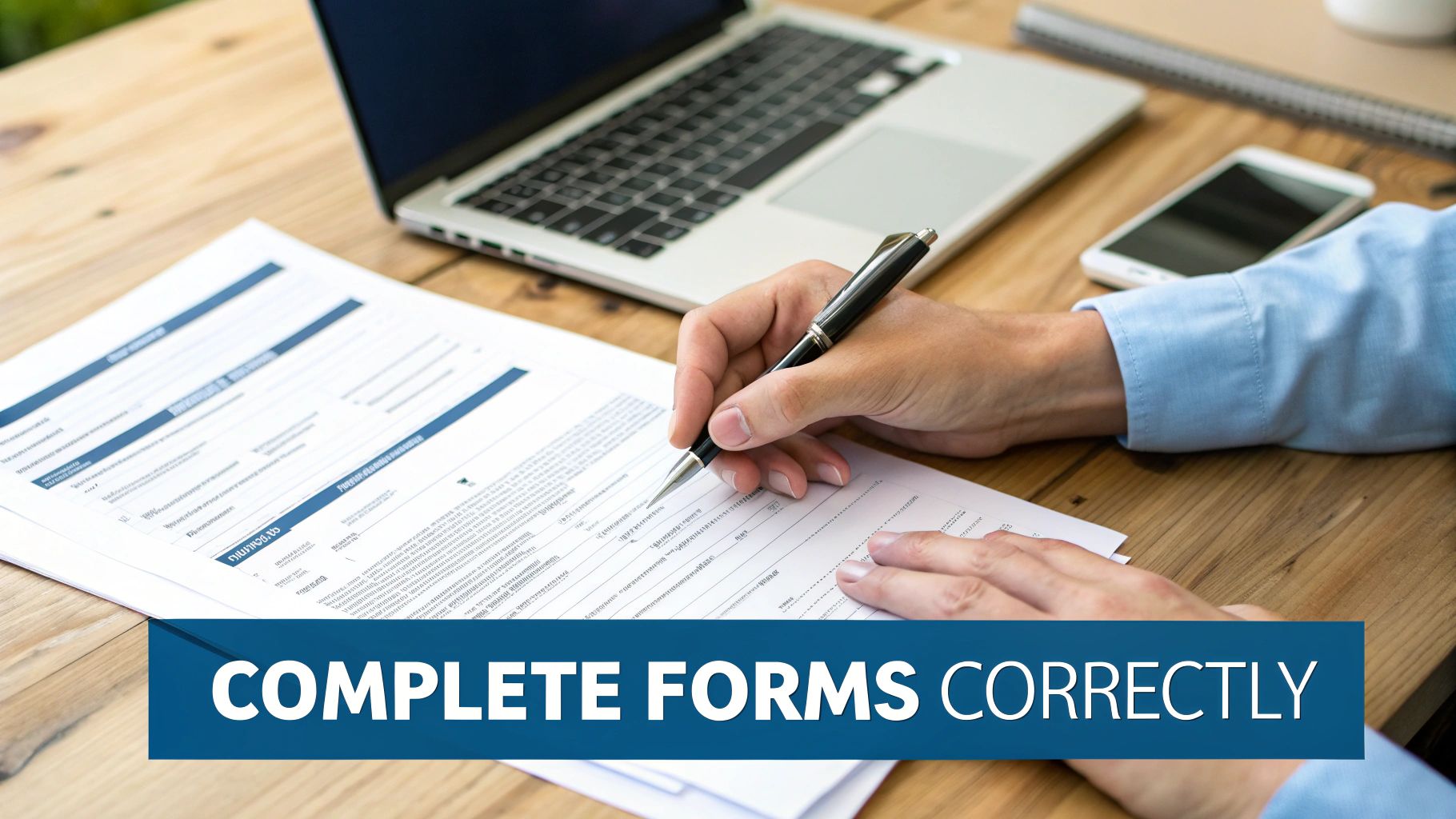 A person's hands writing on a paper form with a pen on a wooden desk, with a laptop and phone nearby.