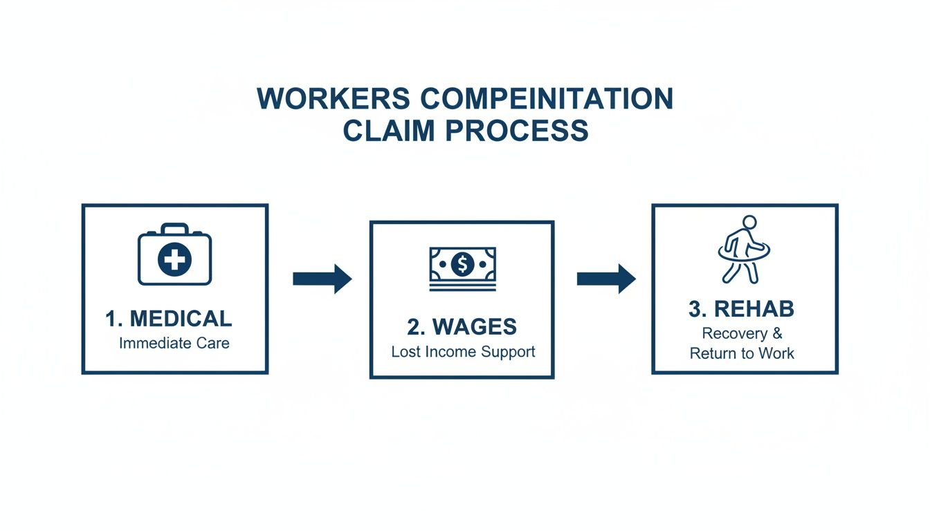 Flowchart illustrating the three-step workers' compensation claim process: medical, wages, and rehab.