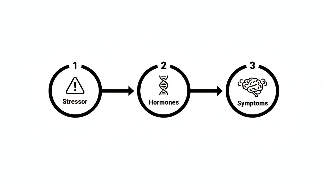 Diagram illustrating the process from a stressor leading to hormones and then to symptoms.