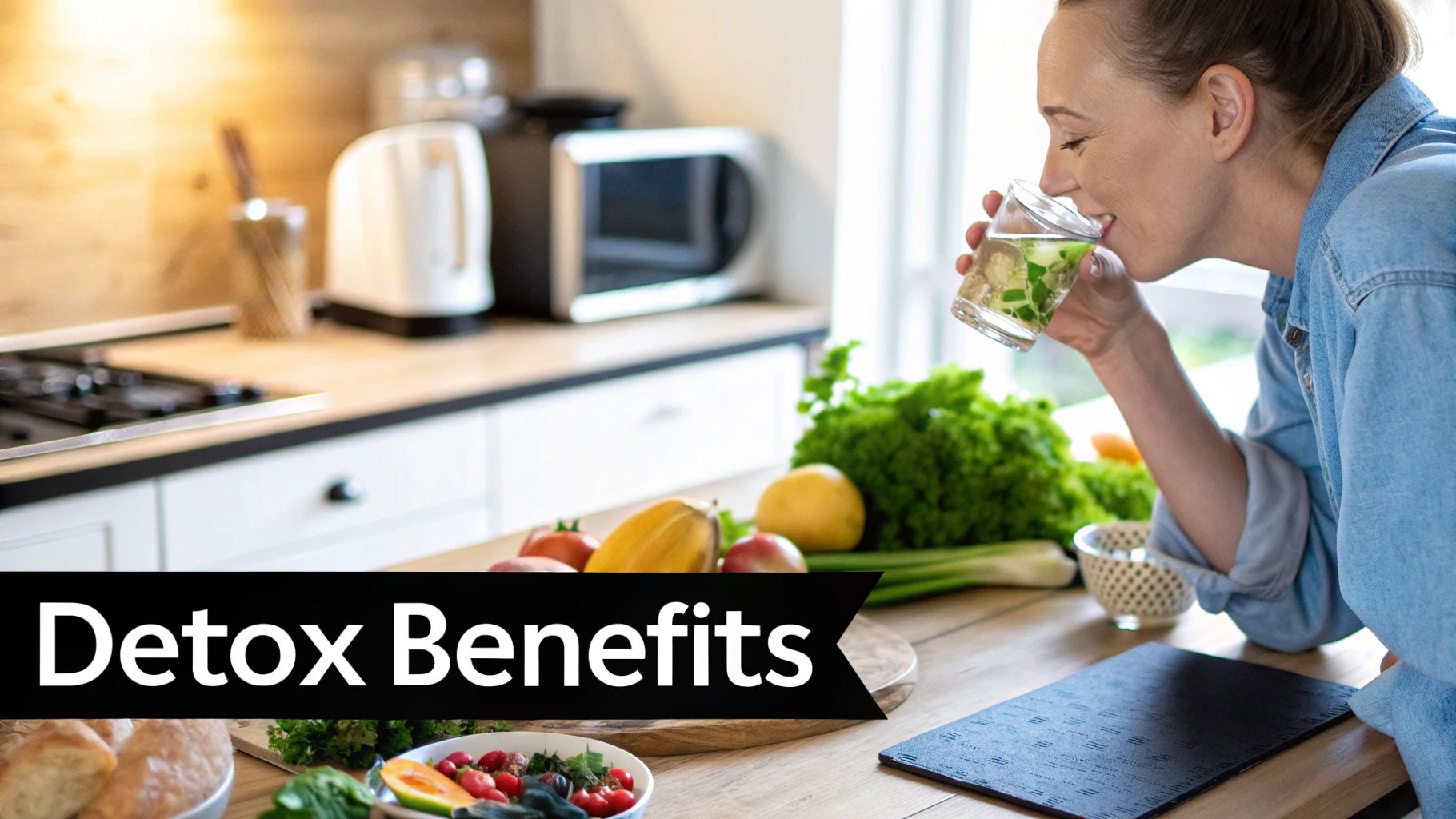 A modern, clean kitchen with several green houseplants on the counter and shelves, symbolizing a detox-friendly home.