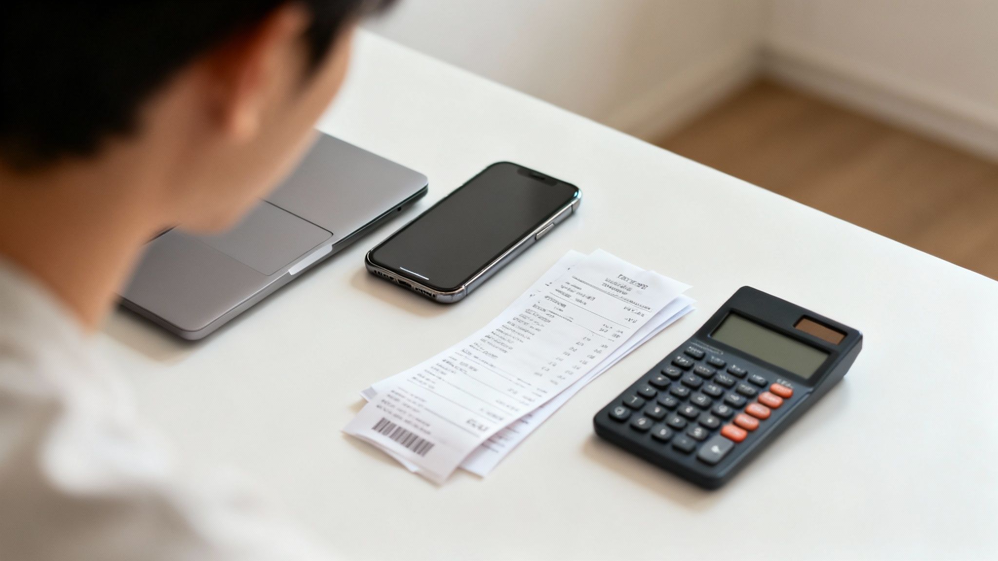 책상에 놓인 노트북, 스마트폰, 영수증, 계산기를 한 사람이 보고 있는 모습입니다.