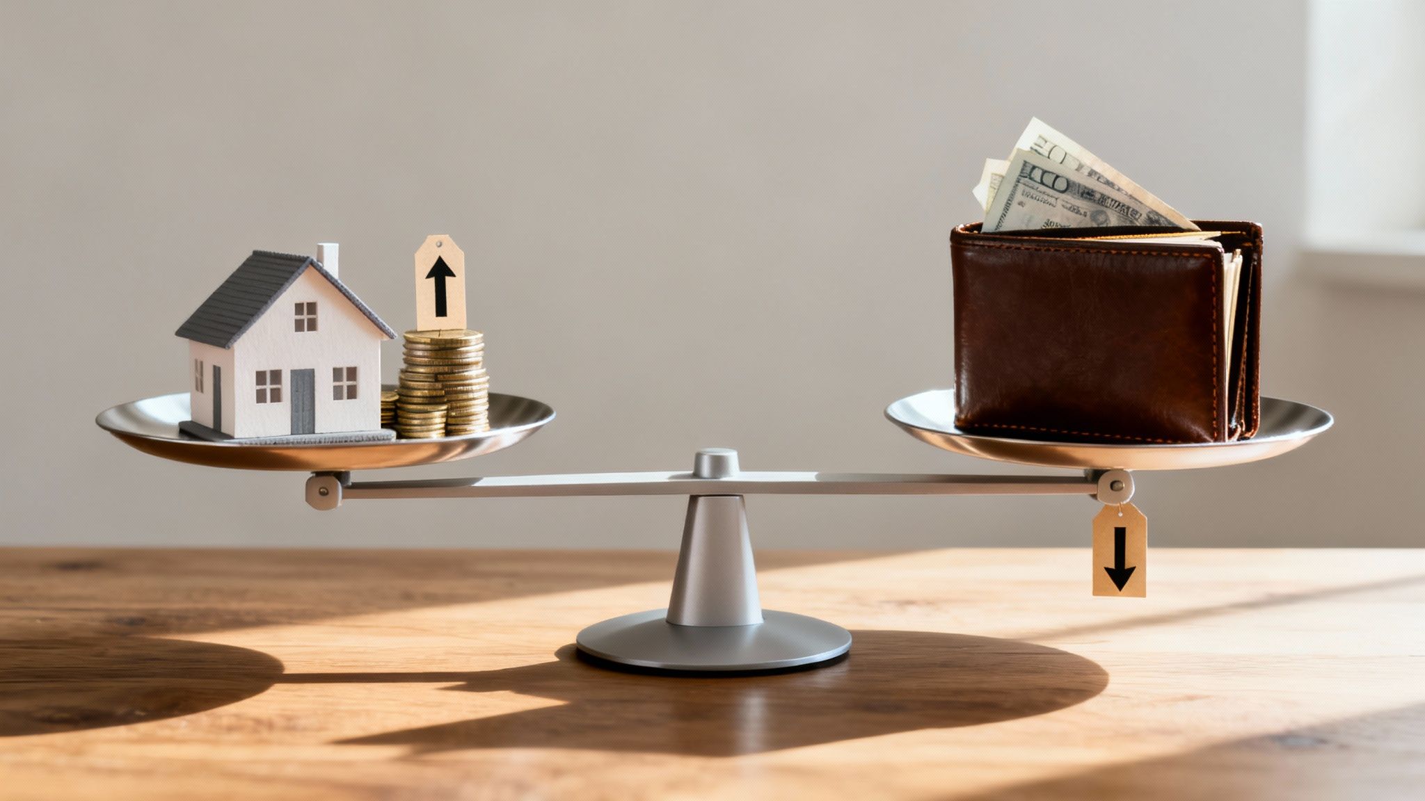 A balance scale with a house and coins showing rising value, outweighing a wallet with decreasing cash.