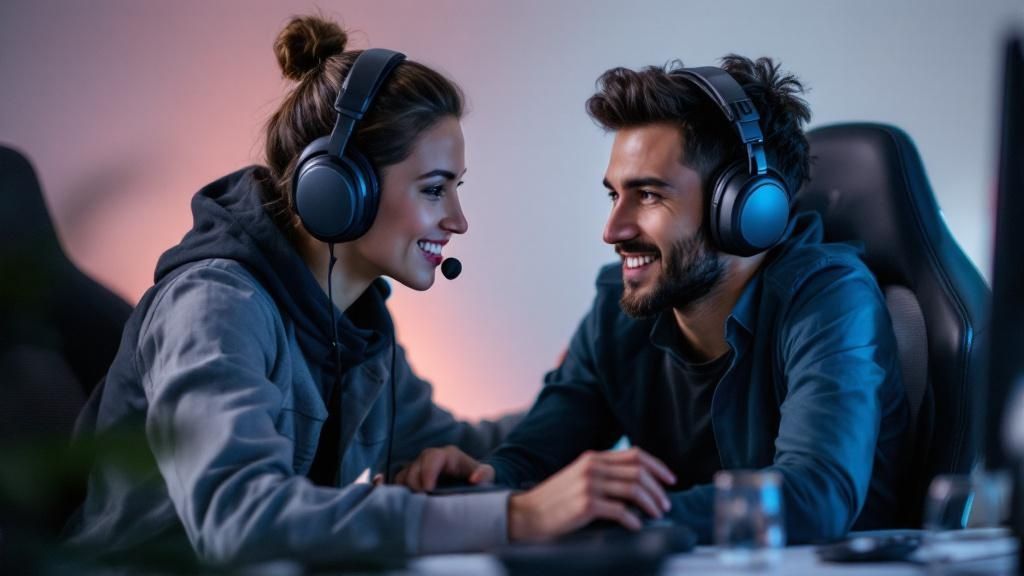 Two gaming attendants wearing headsets working together at a control desk