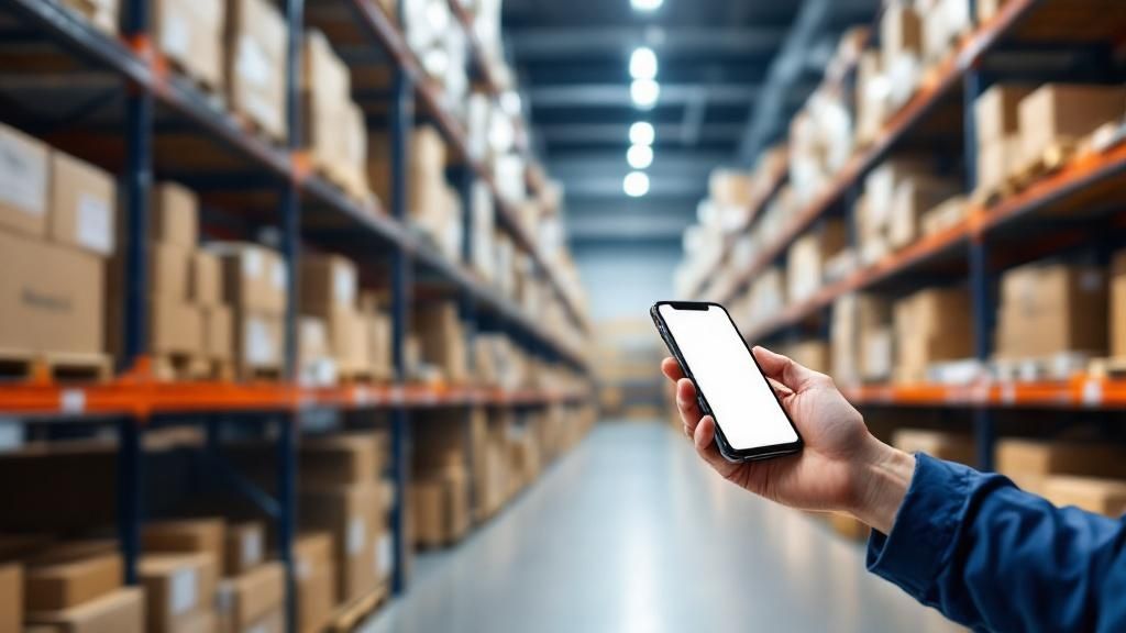 Person holding a smartphone in a warehouse aisle lined with shelves of inventory boxes, illustrating stocktaking and inventory management.